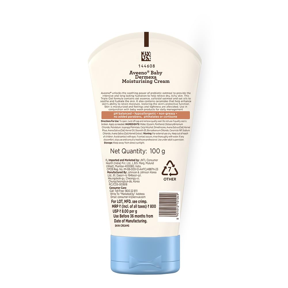 Aveeno Baby Dermexa Moisturising Cream 100g with Triple Oat Complex and Ceramides to soothe and relieve dry, itchy, sensitive skin | US pediatrician recommended | No added fragrance, cortisone or dyes | Hypoallergenic