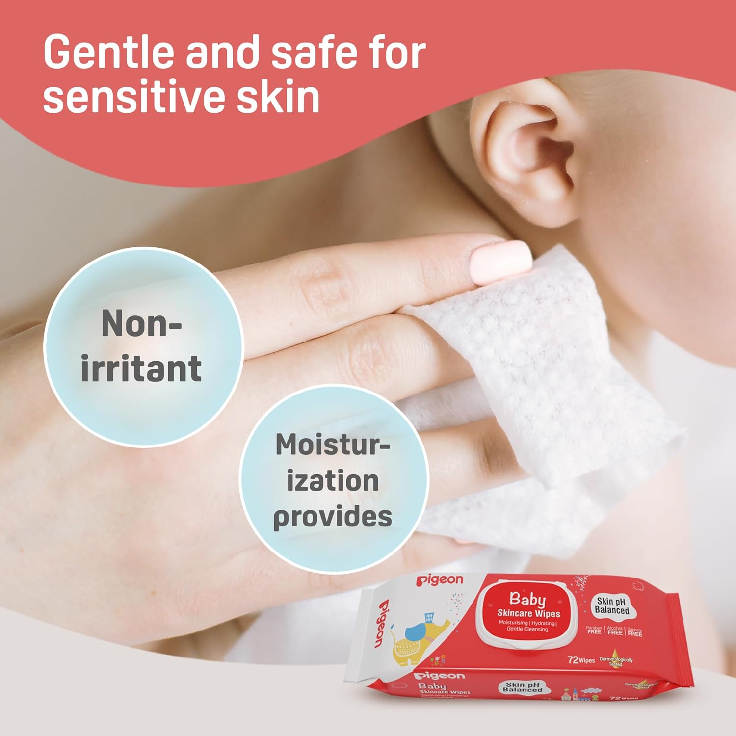 Pigeon Baby Skincare Wipes 72 Sheets | pH Balanced | Paraben, Alcohol & Sulphate Free | Enriched with Glycerin