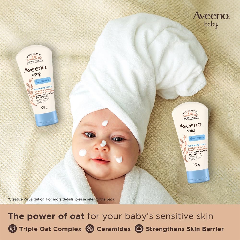 Aveeno Baby Dermexa Moisturising Cream 100g with Triple Oat Complex and Ceramides to soothe and relieve dry, itchy, sensitive skin | US pediatrician recommended | No added fragrance, cortisone or dyes | Hypoallergenic