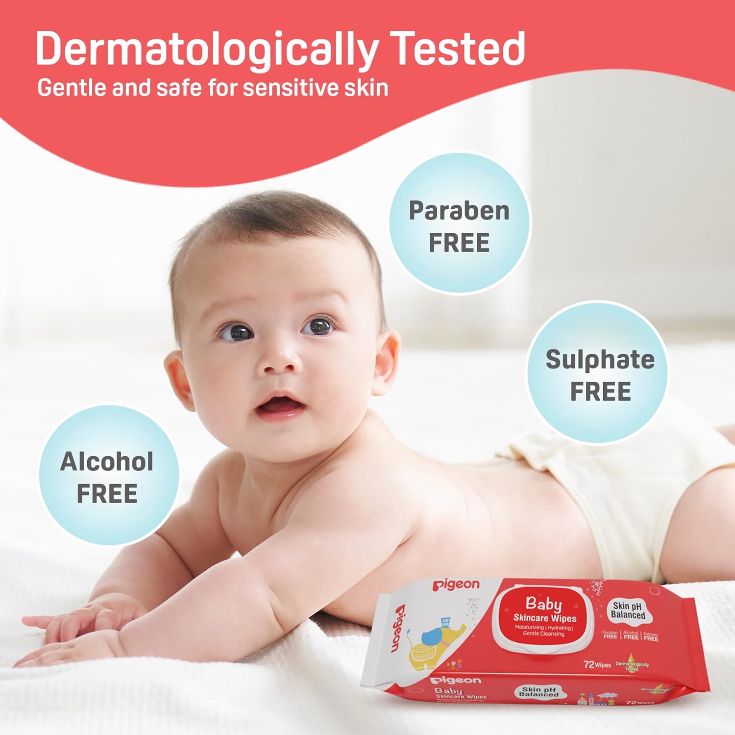 Pigeon Baby Skincare Wipes 72 Sheets | pH Balanced | Paraben, Alcohol & Sulphate Free | Enriched with Glycerin