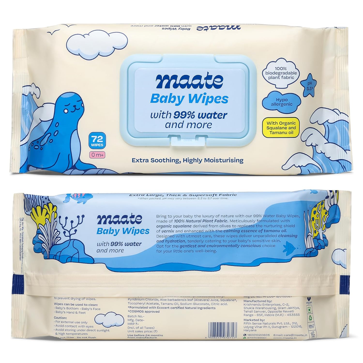 Maate Baby Wipes 72 Wipes | Hypoallergenic | Plant Squalane, Tamanu Oil & Aloe Vera | Paraben & Sulphate Free