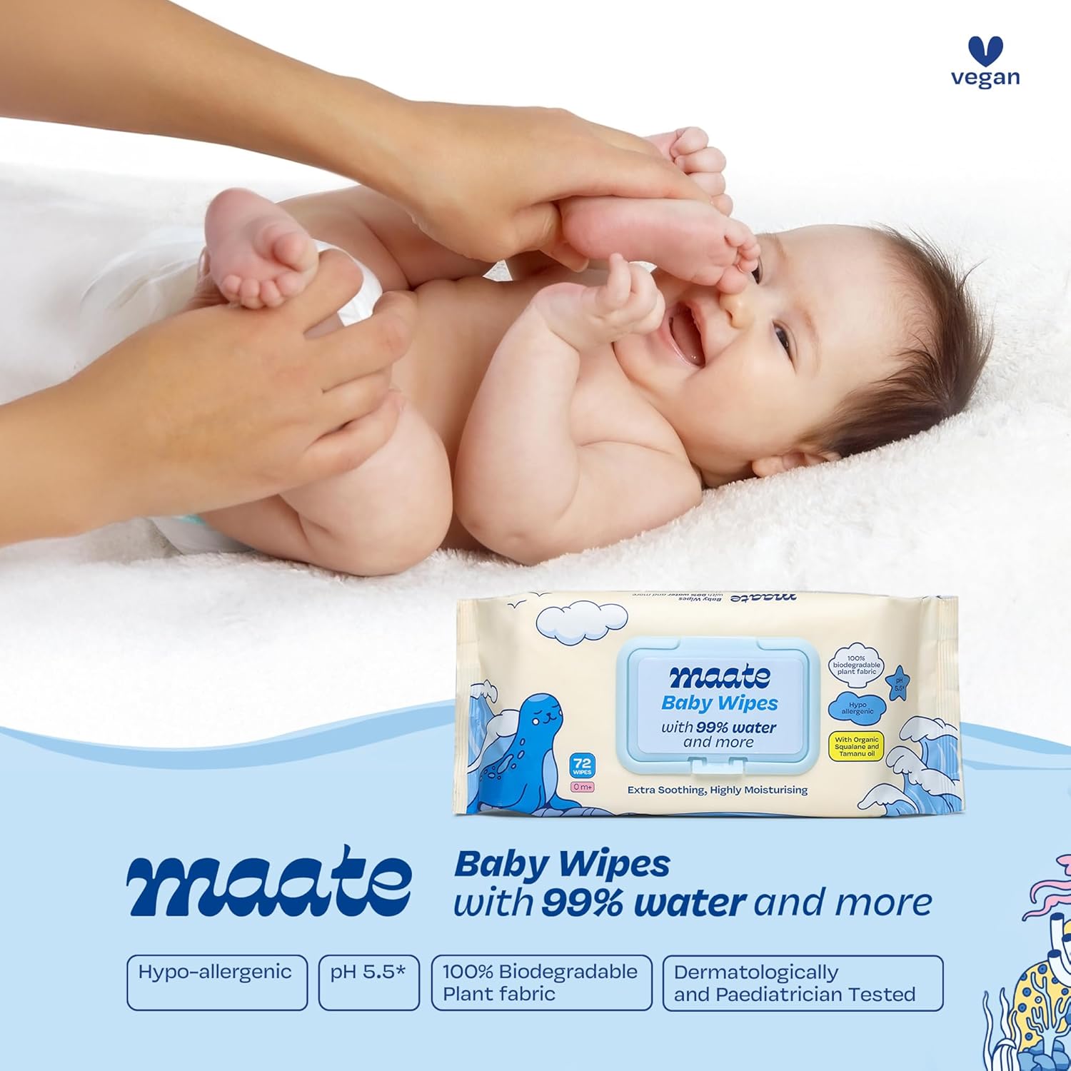 Maate Baby Wipes 72 Wipes | Hypoallergenic | Plant Squalane, Tamanu Oil & Aloe Vera | Paraben & Sulphate Free