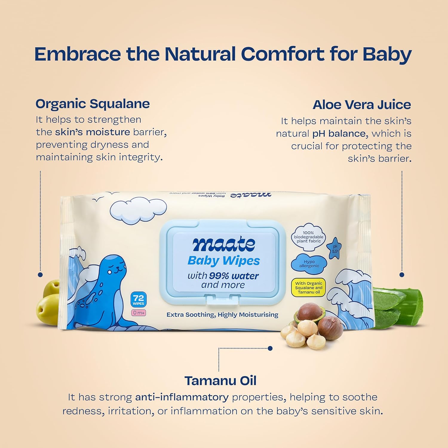 Maate Baby Wipes 72 Wipes | Hypoallergenic | Plant Squalane, Tamanu Oil & Aloe Vera | Paraben & Sulphate Free