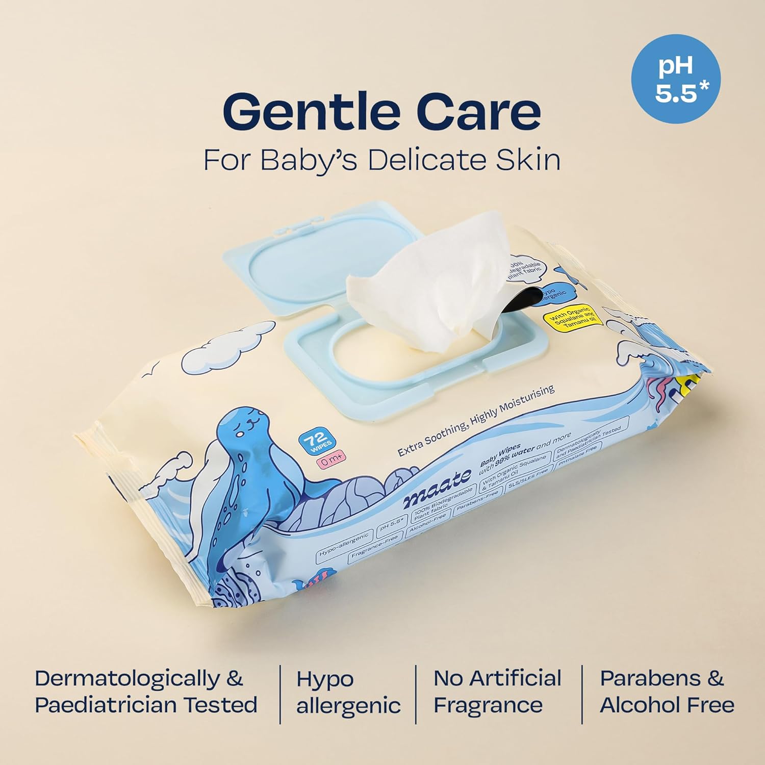 Maate Baby Wipes 72 Wipes | Hypoallergenic | Plant Squalane, Tamanu Oil & Aloe Vera | Paraben & Sulphate Free