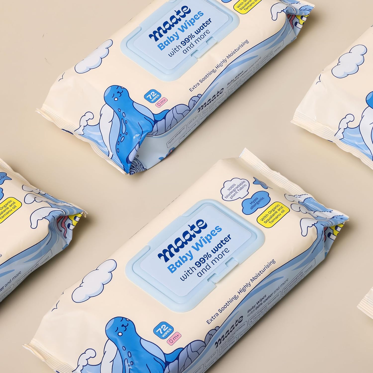 Maate Baby Wipes 72 Wipes | Hypoallergenic | Plant Squalane, Tamanu Oil & Aloe Vera | Paraben & Sulphate Free