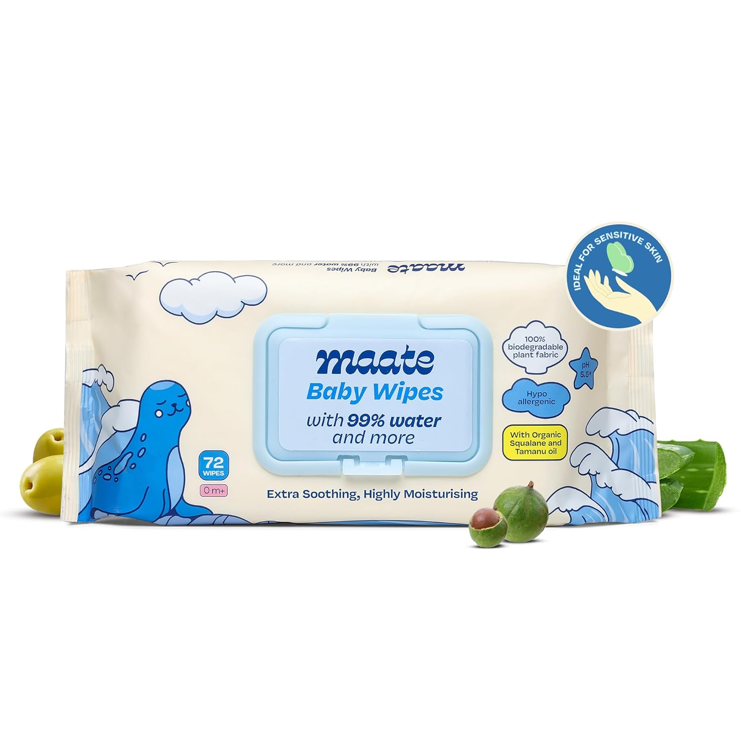 Maate Baby Wipes 72 Wipes | Hypoallergenic | Plant Squalane, Tamanu Oil & Aloe Vera | Paraben & Sulphate Free