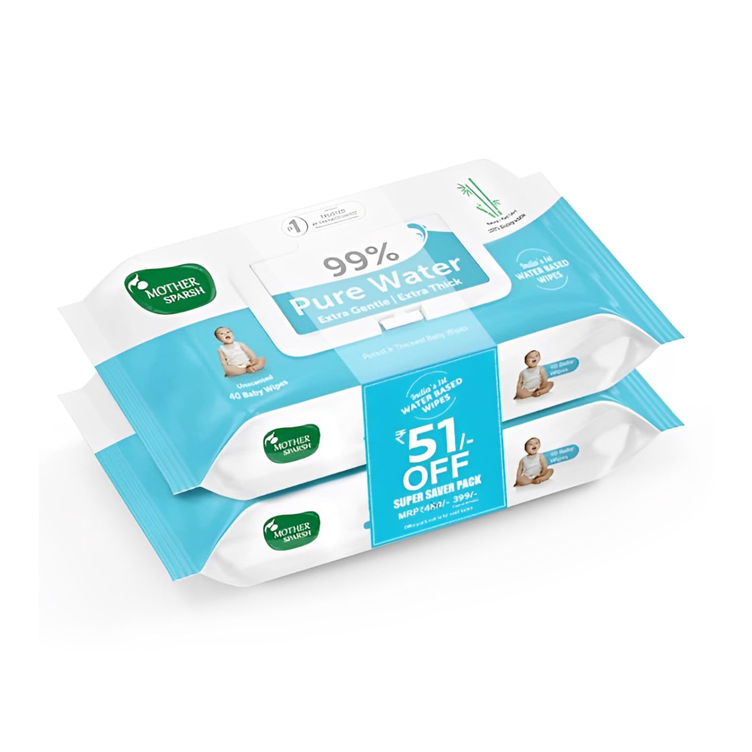 Mother Sparsh 99% Pure Water Baby Wipes (40×2) | Travel Friendly Combo | Plant-Based Fabric