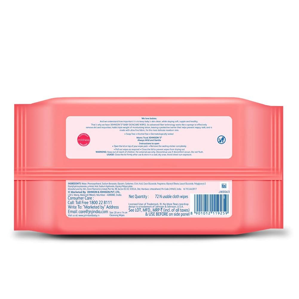 Johnson's Baby Wet Wipes 72 Wipes | Alcohol & Soap Free | 3X Moisturising Lotion | Enriched with Glycerin