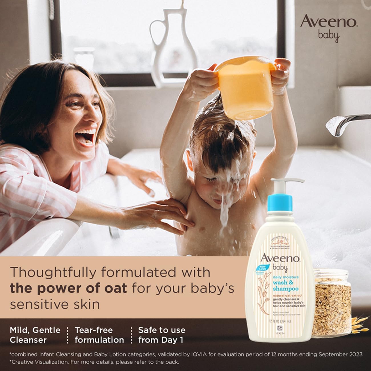 Aveeno Baby Daily Moisture Wash and Shampoo (354ml) | Cleanses hair & body | Oat kernel extract & glycerin  | US #1 Pediatrician recommended | Tear-free, soap-free, paraben-free, hypoallergenic