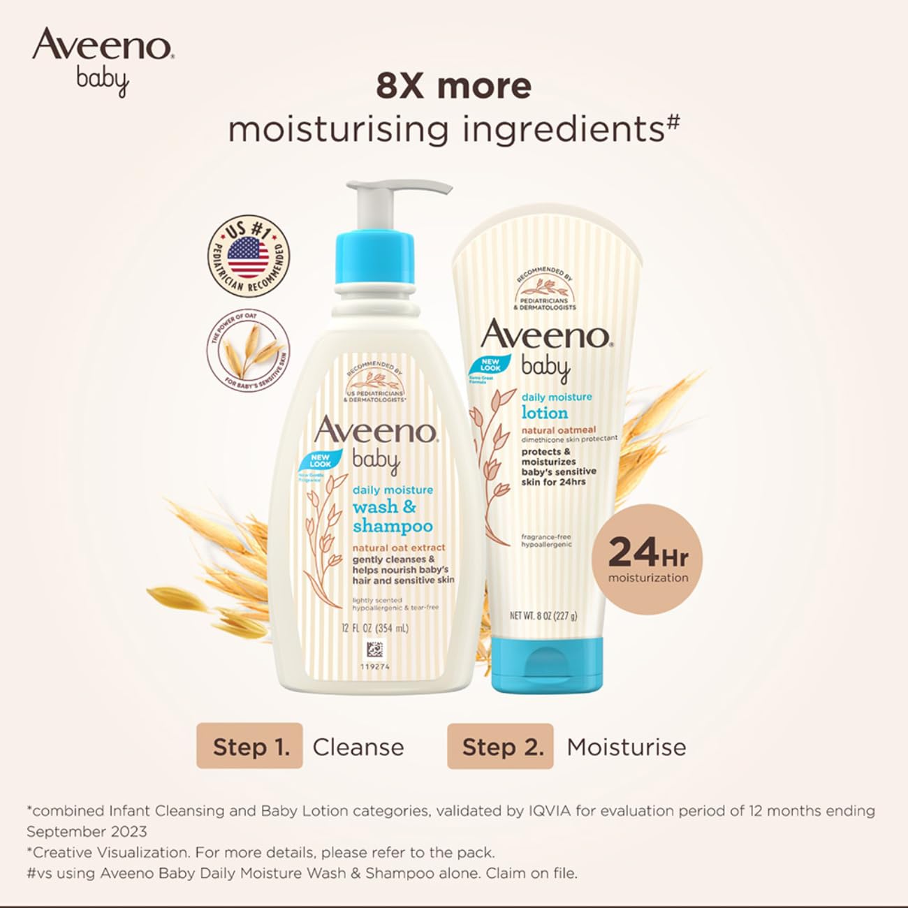 Aveeno Baby Daily Moisture Wash and Shampoo (354ml) | Cleanses hair & body | Oat kernel extract & glycerin  | US #1 Pediatrician recommended | Tear-free, soap-free, paraben-free, hypoallergenic