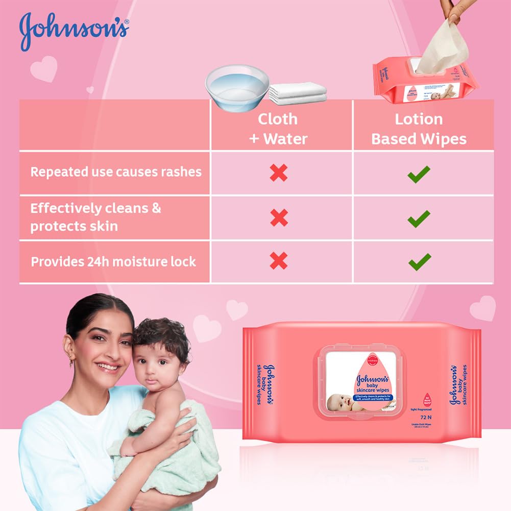 Johnson's Baby Wet Wipes 72 Wipes | Alcohol & Soap Free | 3X Moisturising Lotion | Enriched with Glycerin