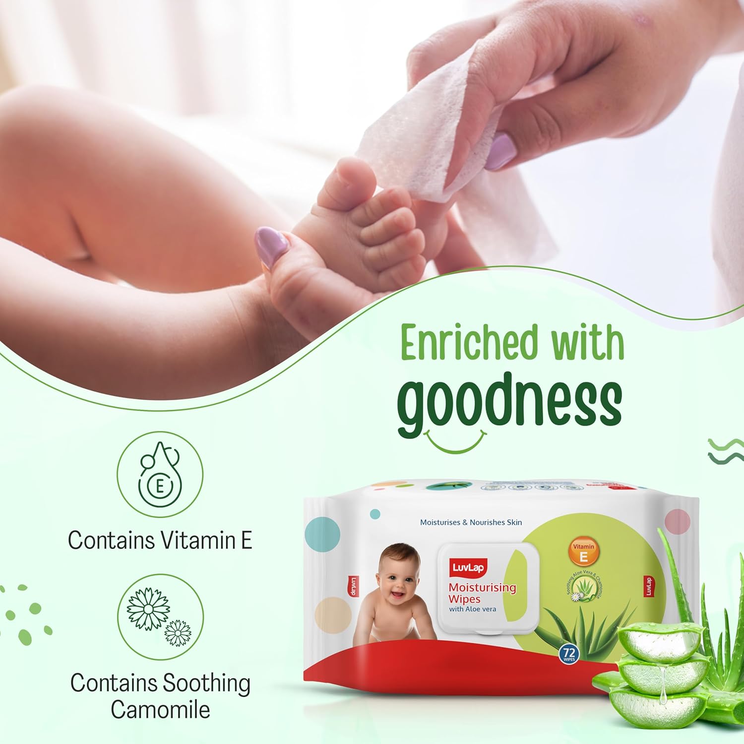 LuvLap Moisturising Baby Wipes with Aloe Vera 72 Wipes (Pack of 3) | With Lid | Gentle & Hydrating