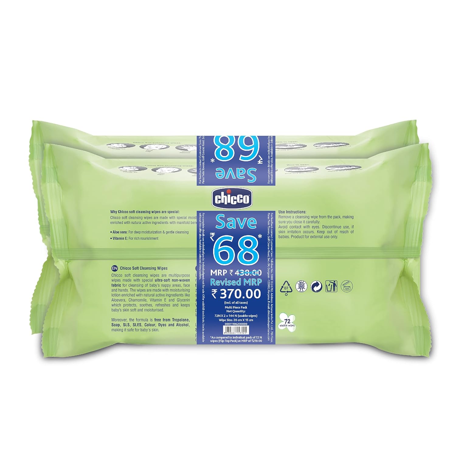 Chicco Baby Moments Soft Cleansing Wipes 72 Sheets × 2 | Nappy, Face & Hand | Paraben Free | Fliptop Pack