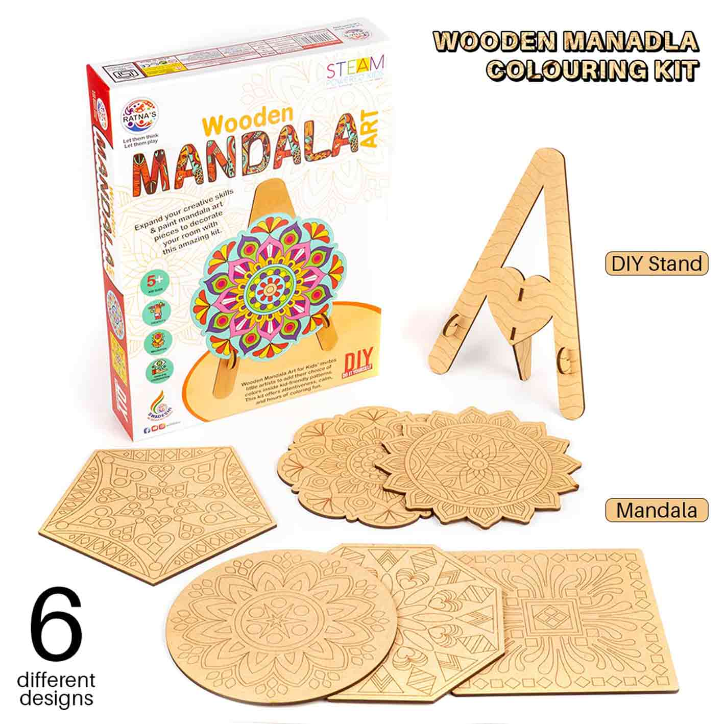 RATNA'S Wooden Mandala Art The Coloring Kit with 6 Design MDF Frame & Water Color for Kids