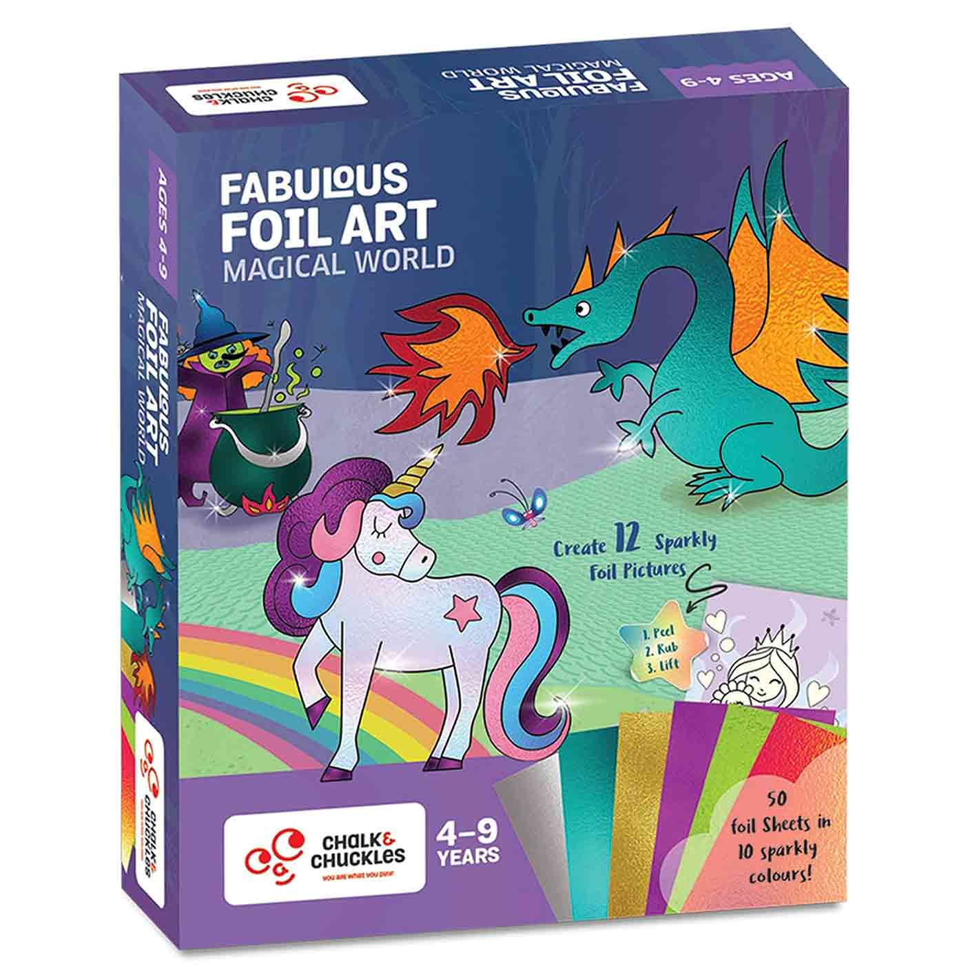 Chalk and Chuckles Art And Craft Kit, Fabulous Foil Art, Gift For Girls, Boys Age 4-9 Year Old, Create 12 Magical World Theme Pictures, Dragon, Princess, Unicorn Toys, White