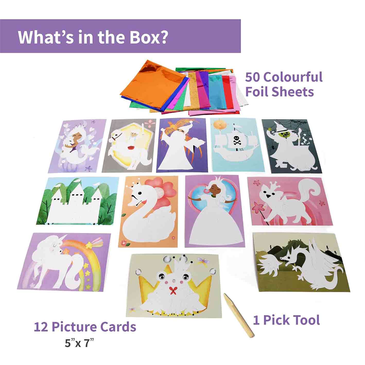 Chalk and Chuckles Art And Craft Kit, Fabulous Foil Art, Gift For Girls, Boys Age 4-9 Year Old, Create 12 Magical World Theme Pictures, Dragon, Princess, Unicorn Toys, White
