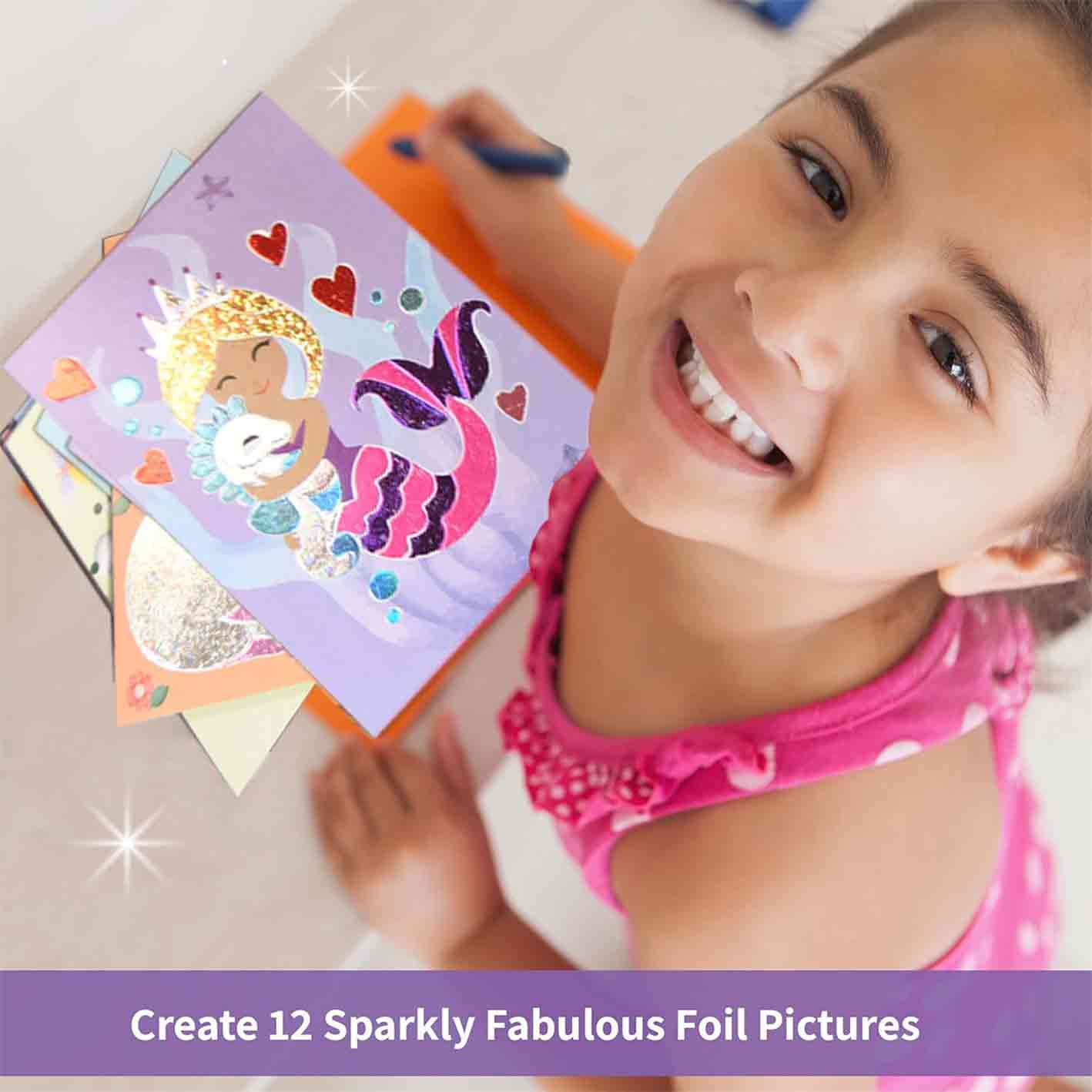 Chalk and Chuckles Art And Craft Kit, Fabulous Foil Art, Gift For Girls, Boys Age 4-9 Year Old, Create 12 Magical World Theme Pictures, Dragon, Princess, Unicorn Toys, White