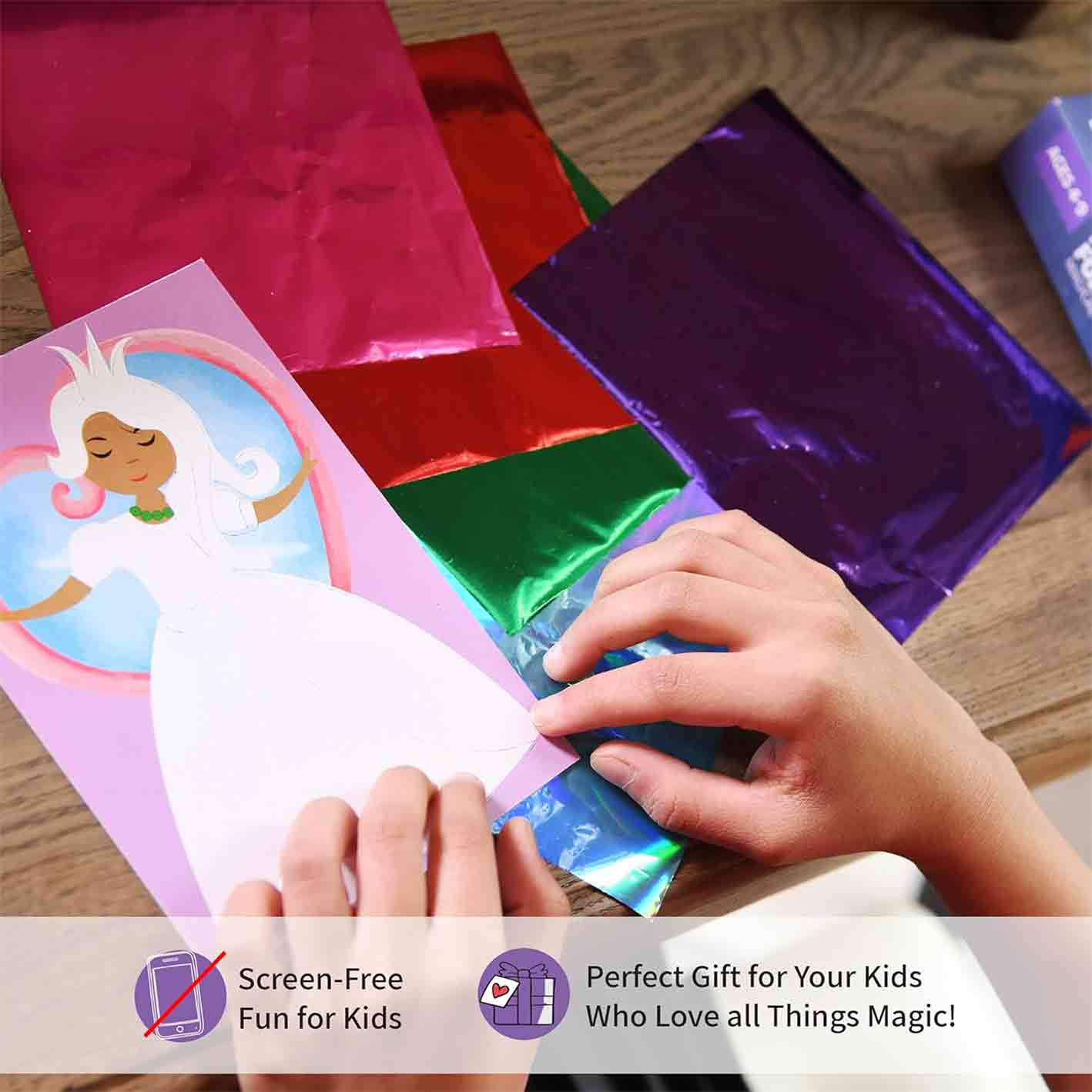 Chalk and Chuckles Art And Craft Kit, Fabulous Foil Art, Gift For Girls, Boys Age 4-9 Year Old, Create 12 Magical World Theme Pictures, Dragon, Princess, Unicorn Toys, White
