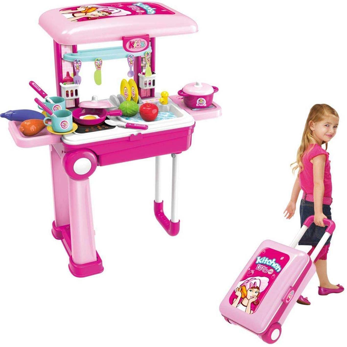 Little Laughs Little Chef 2 in 1 Kitchen Play Set, Pretend Play Trolly Kitchen Kit for Kids with Suitcase Trolley Carrycase with Sound - Accessories Included