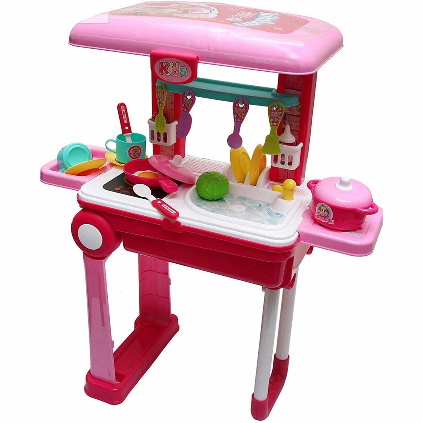 Little Laughs Little Chef 2 in 1 Kitchen Play Set, Pretend Play Trolly Kitchen Kit for Kids with Suitcase Trolley Carrycase with Sound - Accessories Included