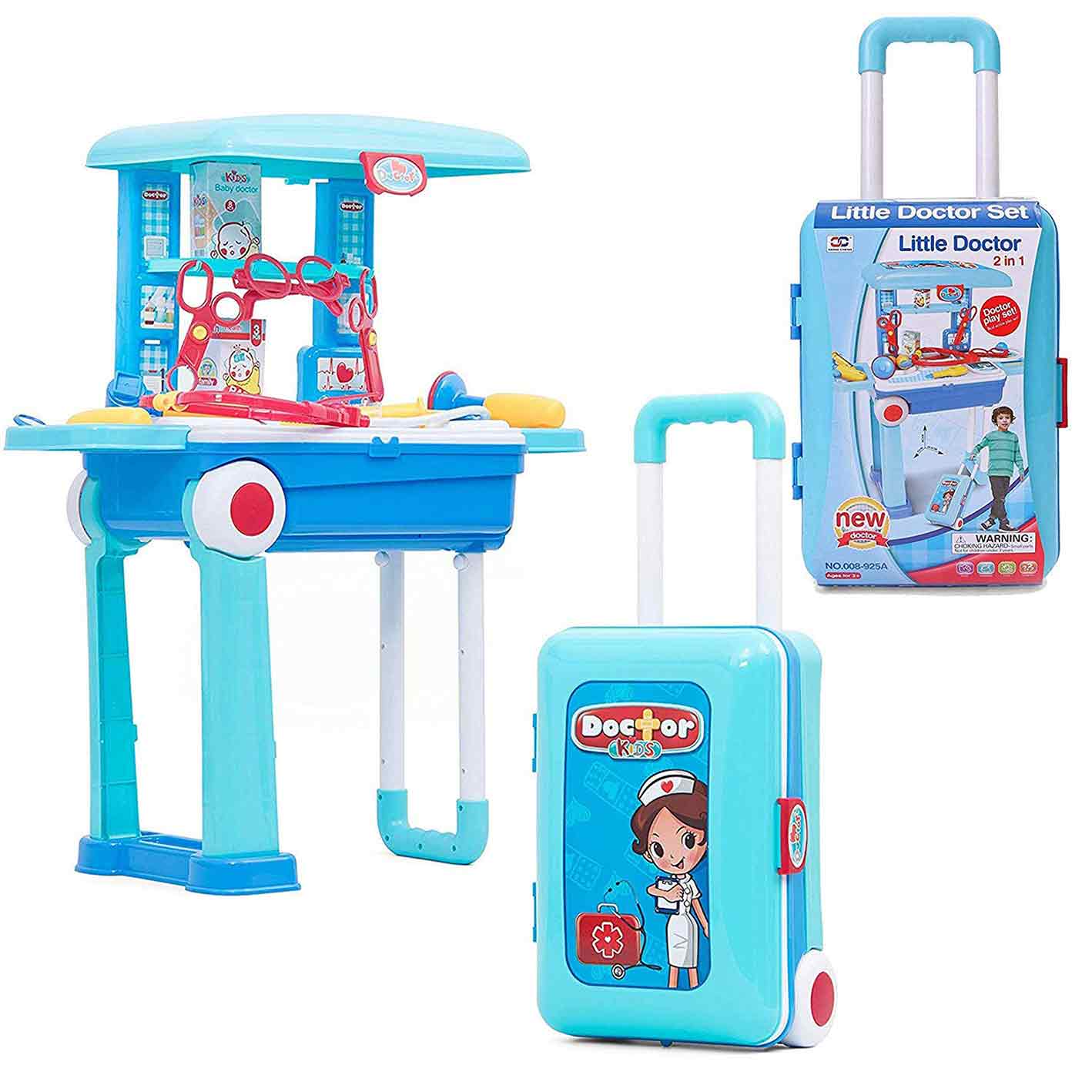 Won 2 in 1 little doctor play set for kids with suitcase trolley-Blue