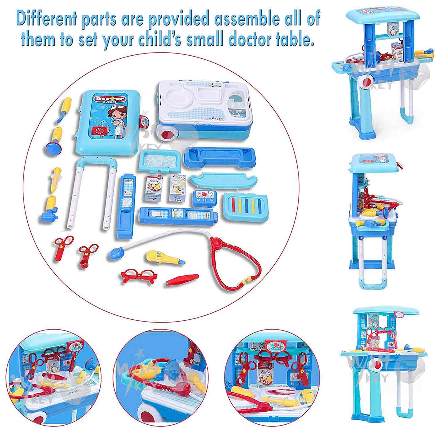 Won 2 in 1 little doctor play set for kids with suitcase trolley-Blue