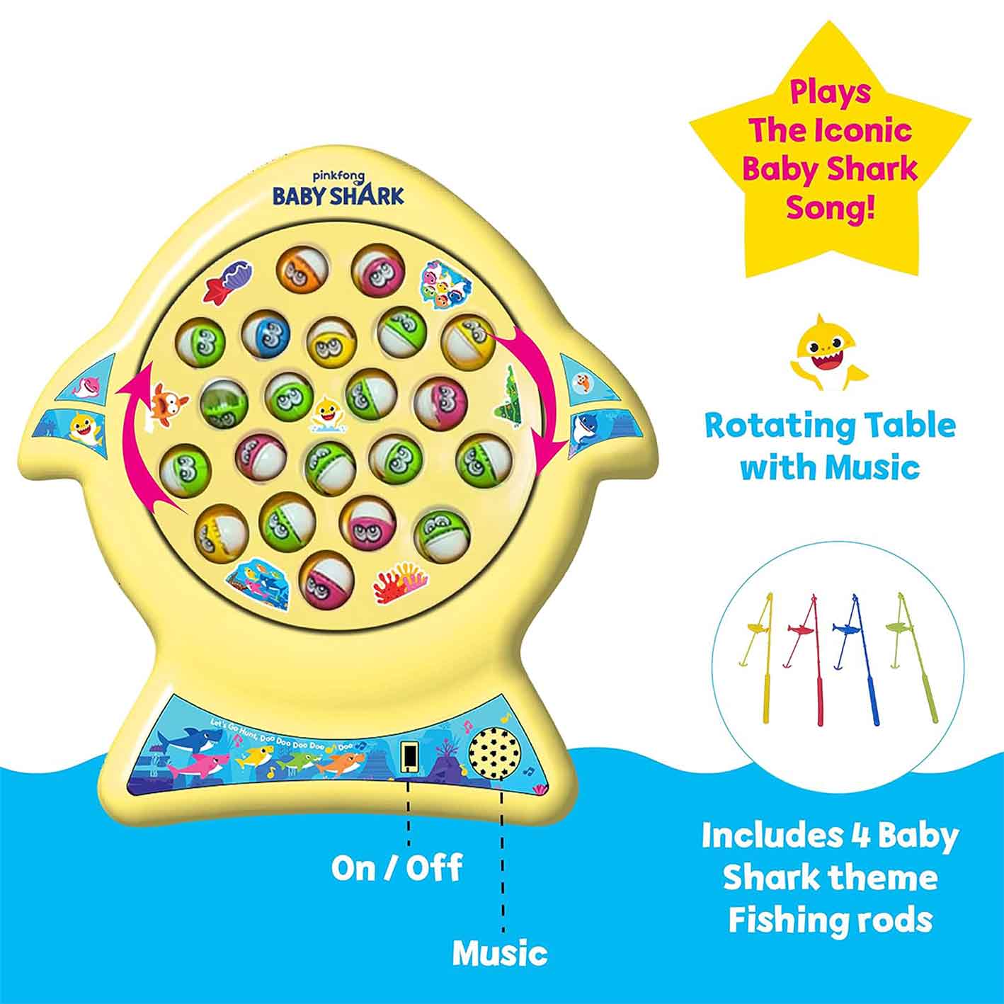 Li'l Wizards Baby Shark Sing&Go Fishing Game|Musical Fish Game with Rotating Pond,21 Fishes&4 Fishing Poles|for Kids 4+Yrs|Gifting|India's Character Fishing Game with Iconic Baby Shark Song,Yellow