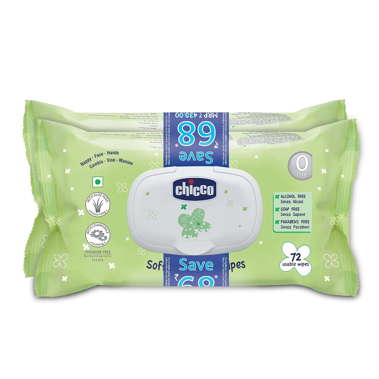 Chicco Baby Moments Soft Cleansing Wipes 72 Sheets × 2 | Nappy, Face & Hand | Paraben Free | Fliptop Pack