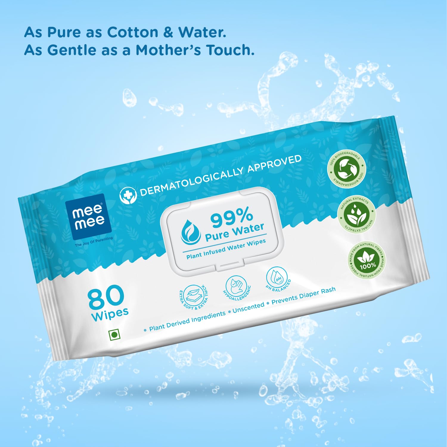 Mee Mee Pure Water Wet Wipes 80 pcs × 2 (160 Pcs) | Unscented | Plant-Derived | Super Thick | With Lid