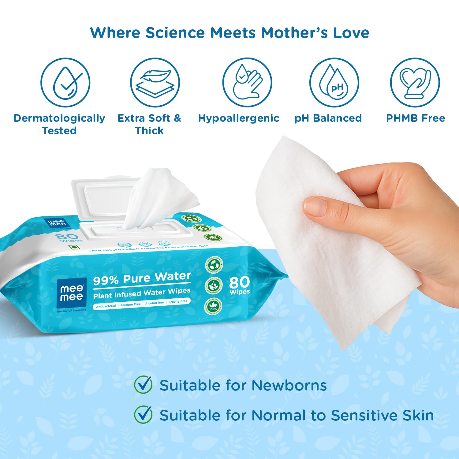 Mee Mee Pure Water Wet Wipes 80 pcs × 2 (160 Pcs) | Unscented | Plant-Derived | Super Thick | With Lid