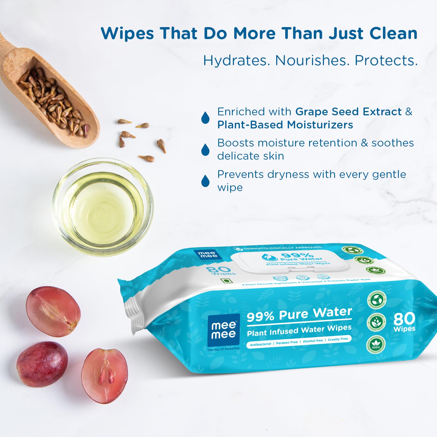 Mee Mee Pure Water Wet Wipes 80 pcs × 2 (160 Pcs) | Unscented | Plant-Derived | Super Thick | With Lid