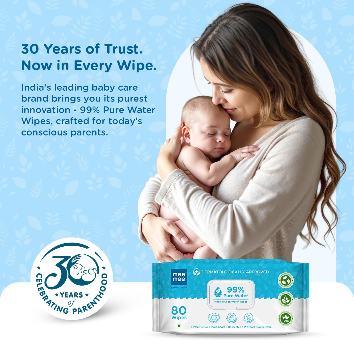 Mee Mee Pure Water Wet Wipes 80 pcs × 2 (160 Pcs) | Unscented | Plant-Derived | Super Thick | With Lid