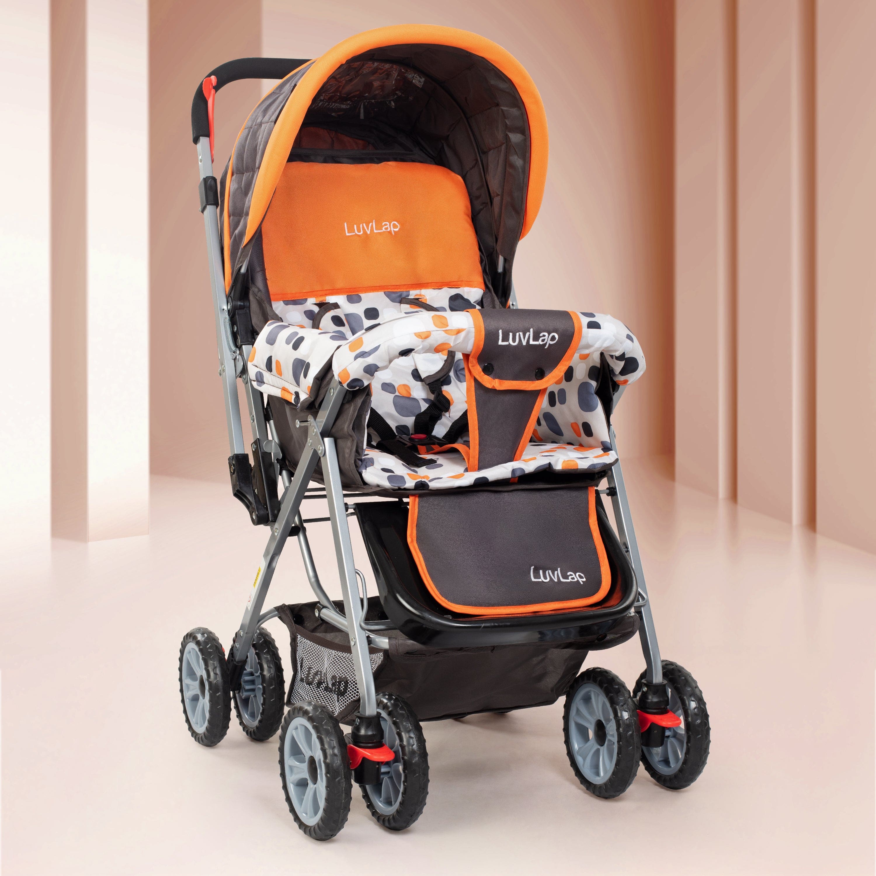 luvlap Sunshine Baby Stroller/Pram for 0 to 3 Years, New Born/Toddler/Kid, 5 Point Safety Harness, Adjustable backrest, 360° Swivel Wheel, Large Storage Basket, Reversible Handlebar (Orange)
