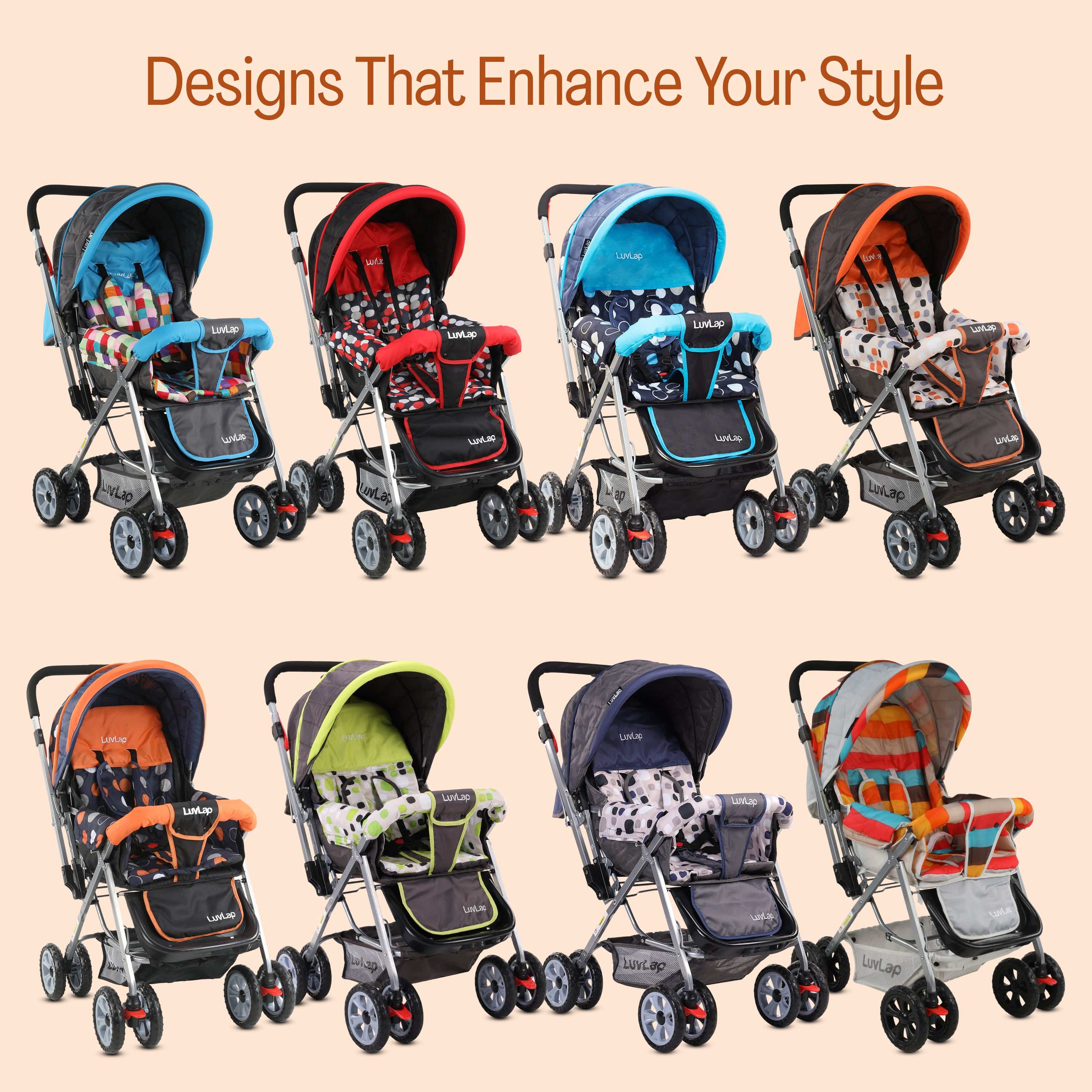 luvlap Sunshine Baby Stroller/Pram for 0 to 3 Years, New Born/Toddler/Kid, 5 Point Safety Harness, Adjustable backrest, 360° Swivel Wheel, Large Storage Basket, Reversible Handlebar (Orange)