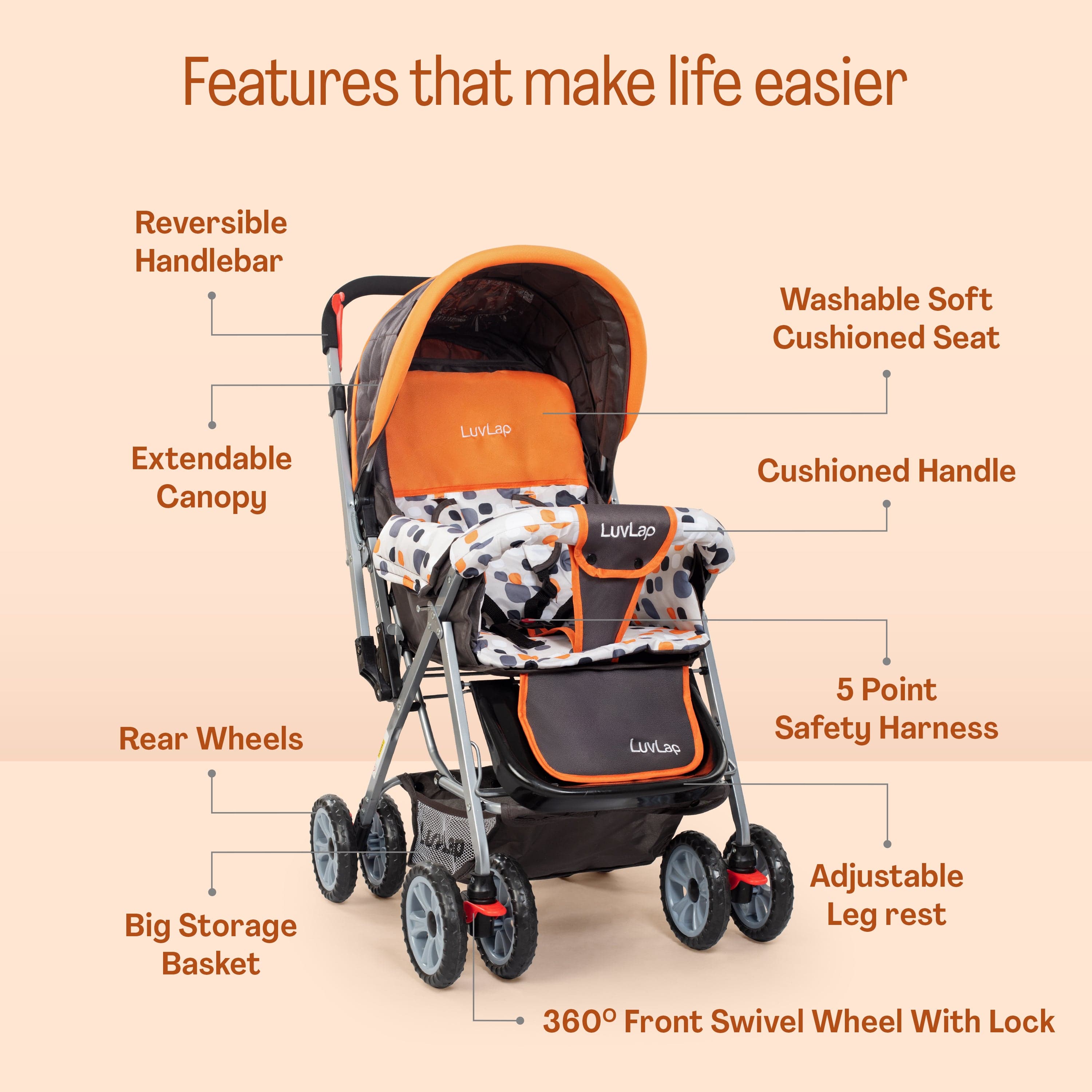 luvlap Sunshine Baby Stroller/Pram for 0 to 3 Years, New Born/Toddler/Kid, 5 Point Safety Harness, Adjustable backrest, 360° Swivel Wheel, Large Storage Basket, Reversible Handlebar (Orange)