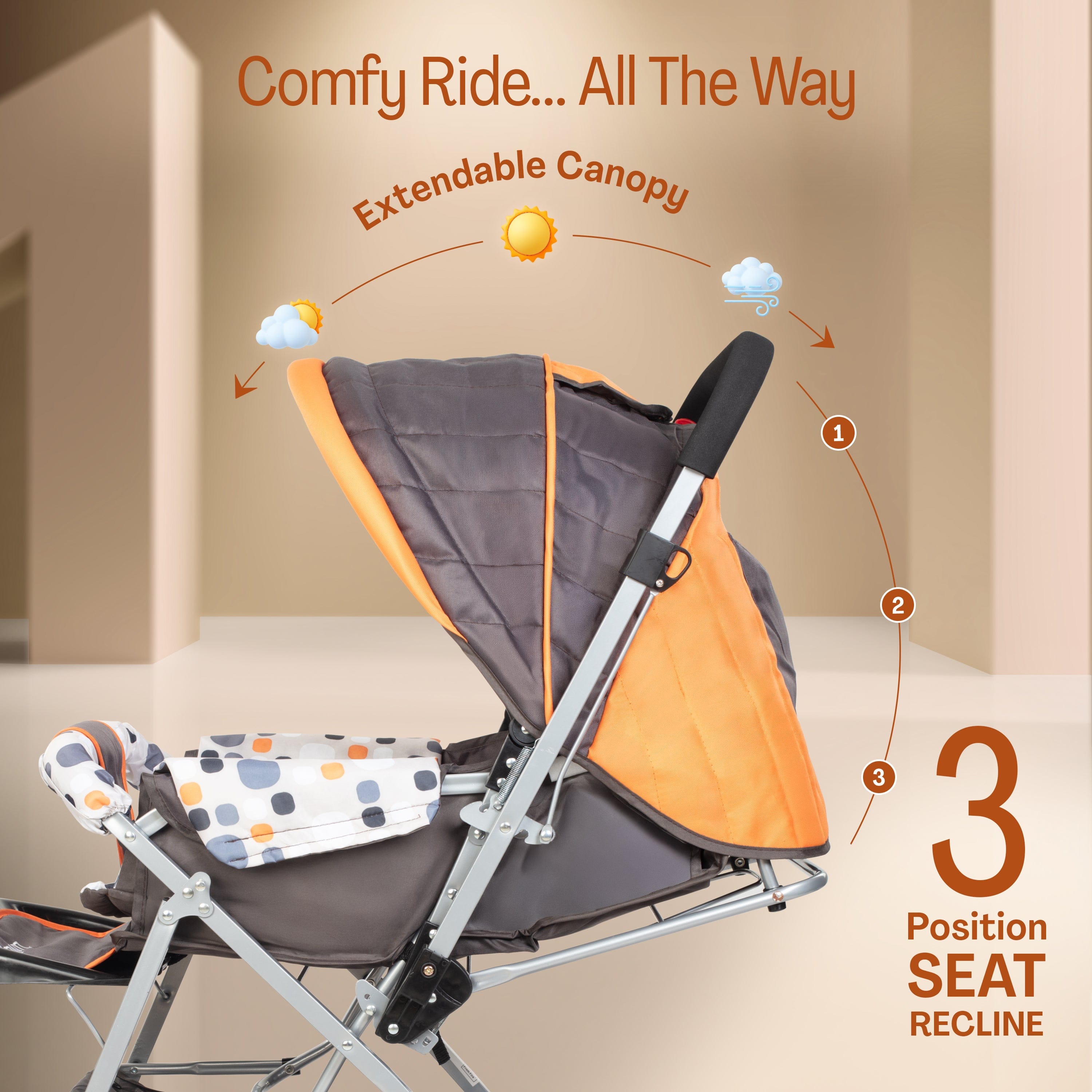 luvlap Sunshine Baby Stroller/Pram for 0 to 3 Years, New Born/Toddler/Kid, 5 Point Safety Harness, Adjustable backrest, 360° Swivel Wheel, Large Storage Basket, Reversible Handlebar (Orange)