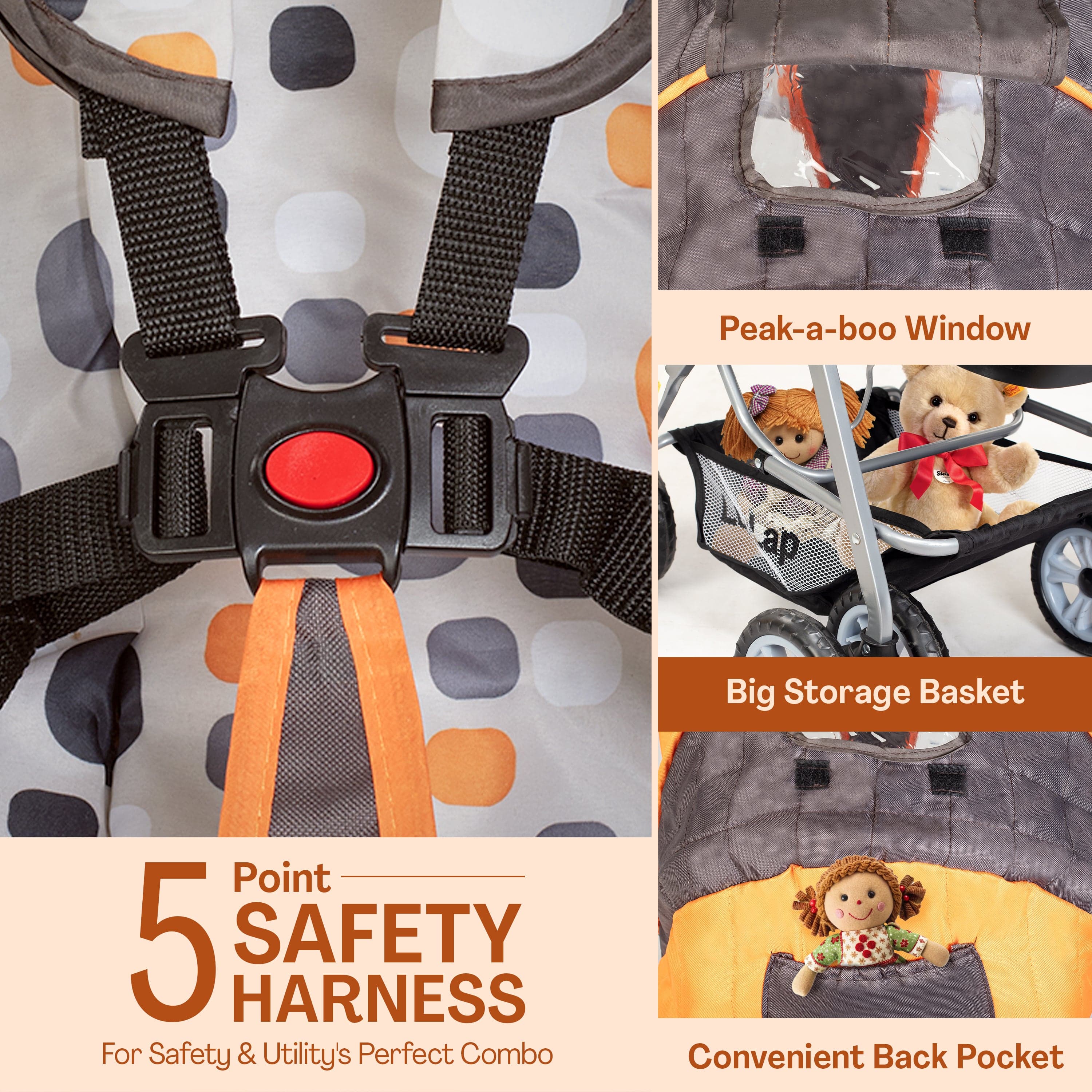 luvlap Sunshine Baby Stroller/Pram for 0 to 3 Years, New Born/Toddler/Kid, 5 Point Safety Harness, Adjustable backrest, 360° Swivel Wheel, Large Storage Basket, Reversible Handlebar (Orange)