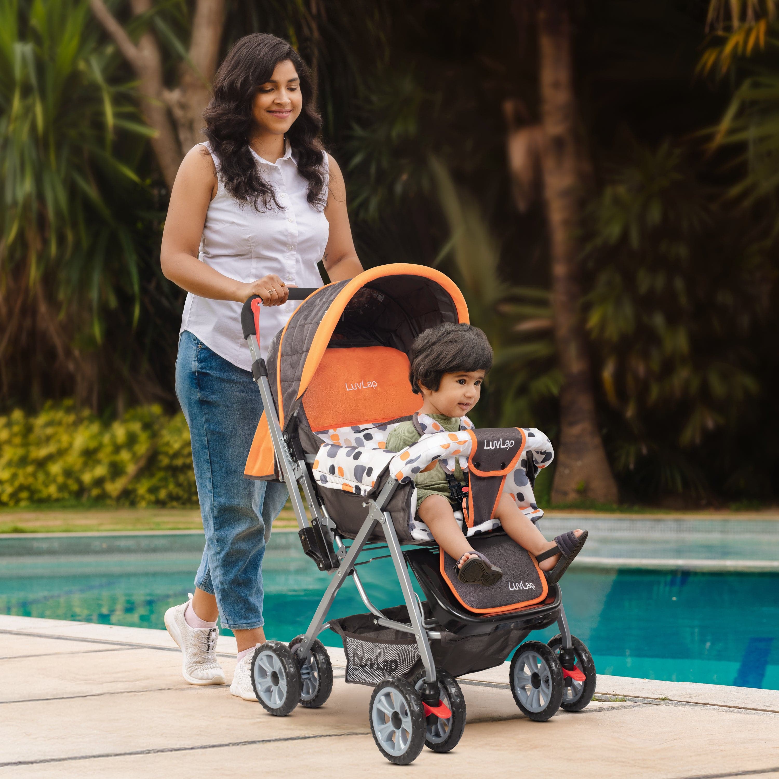 luvlap Sunshine Baby Stroller/Pram for 0 to 3 Years, New Born/Toddler/Kid, 5 Point Safety Harness, Adjustable backrest, 360° Swivel Wheel, Large Storage Basket, Reversible Handlebar (Orange)