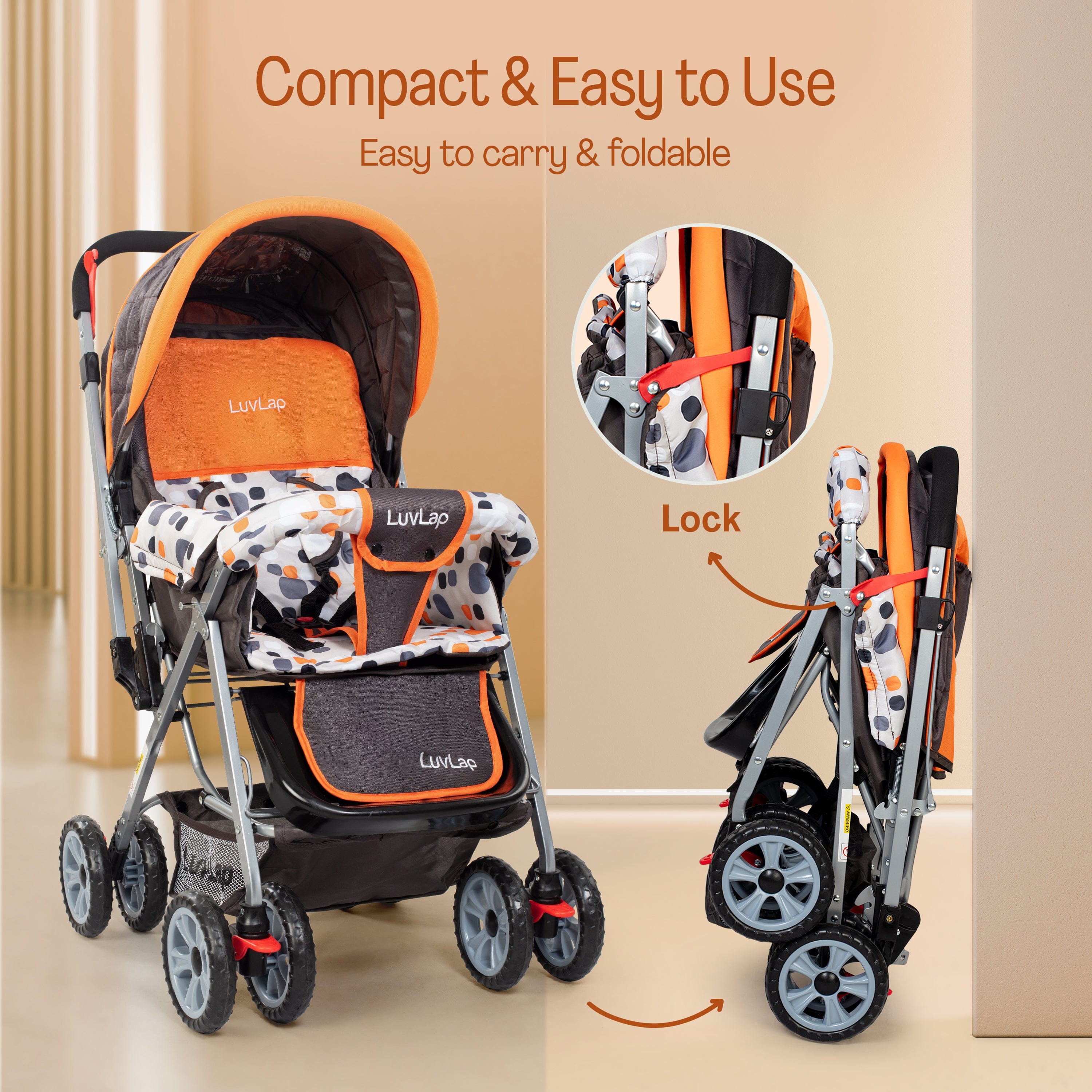 luvlap Sunshine Baby Stroller/Pram for 0 to 3 Years, New Born/Toddler/Kid, 5 Point Safety Harness, Adjustable backrest, 360° Swivel Wheel, Large Storage Basket, Reversible Handlebar (Orange)