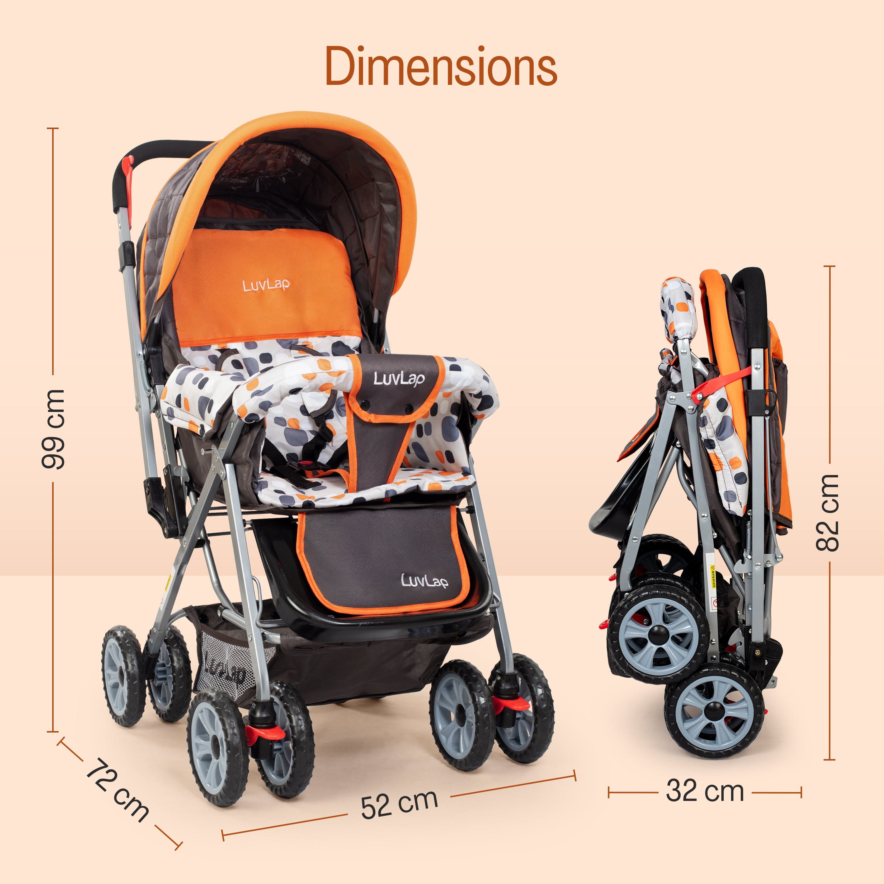 luvlap Sunshine Baby Stroller/Pram for 0 to 3 Years, New Born/Toddler/Kid, 5 Point Safety Harness, Adjustable backrest, 360° Swivel Wheel, Large Storage Basket, Reversible Handlebar (Orange)