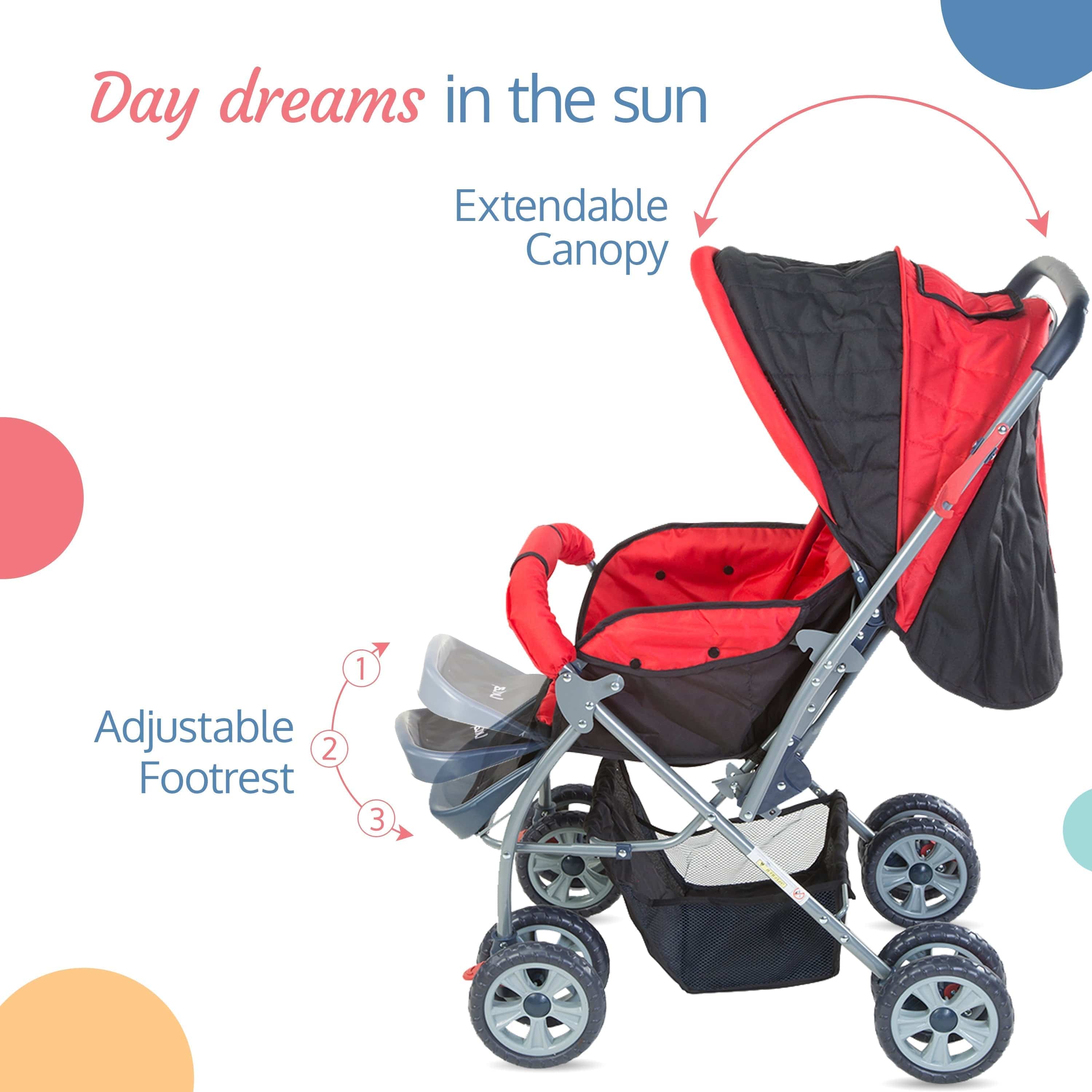 luvlap Starshine Baby Stroller/Pram for 0 to 3 Years, New Born/Toddler/Kid, Lightweight, Adjustable backrest, 360° Swivel Wheel, Large Storage Basket, Reversible Handlebar (Red)