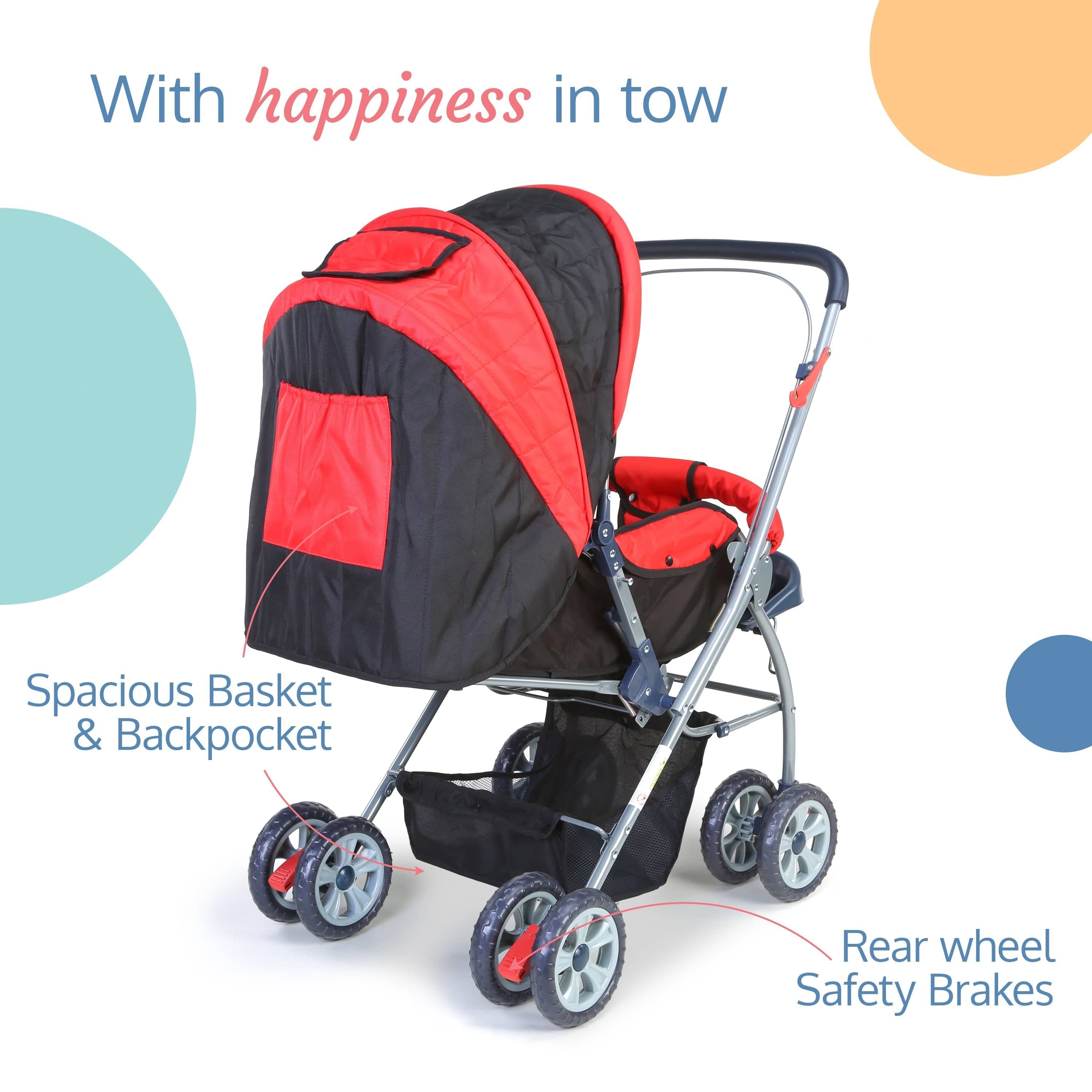 luvlap Starshine Baby Stroller/Pram for 0 to 3 Years, New Born/Toddler/Kid, Lightweight, Adjustable backrest, 360° Swivel Wheel, Large Storage Basket, Reversible Handlebar (Red)