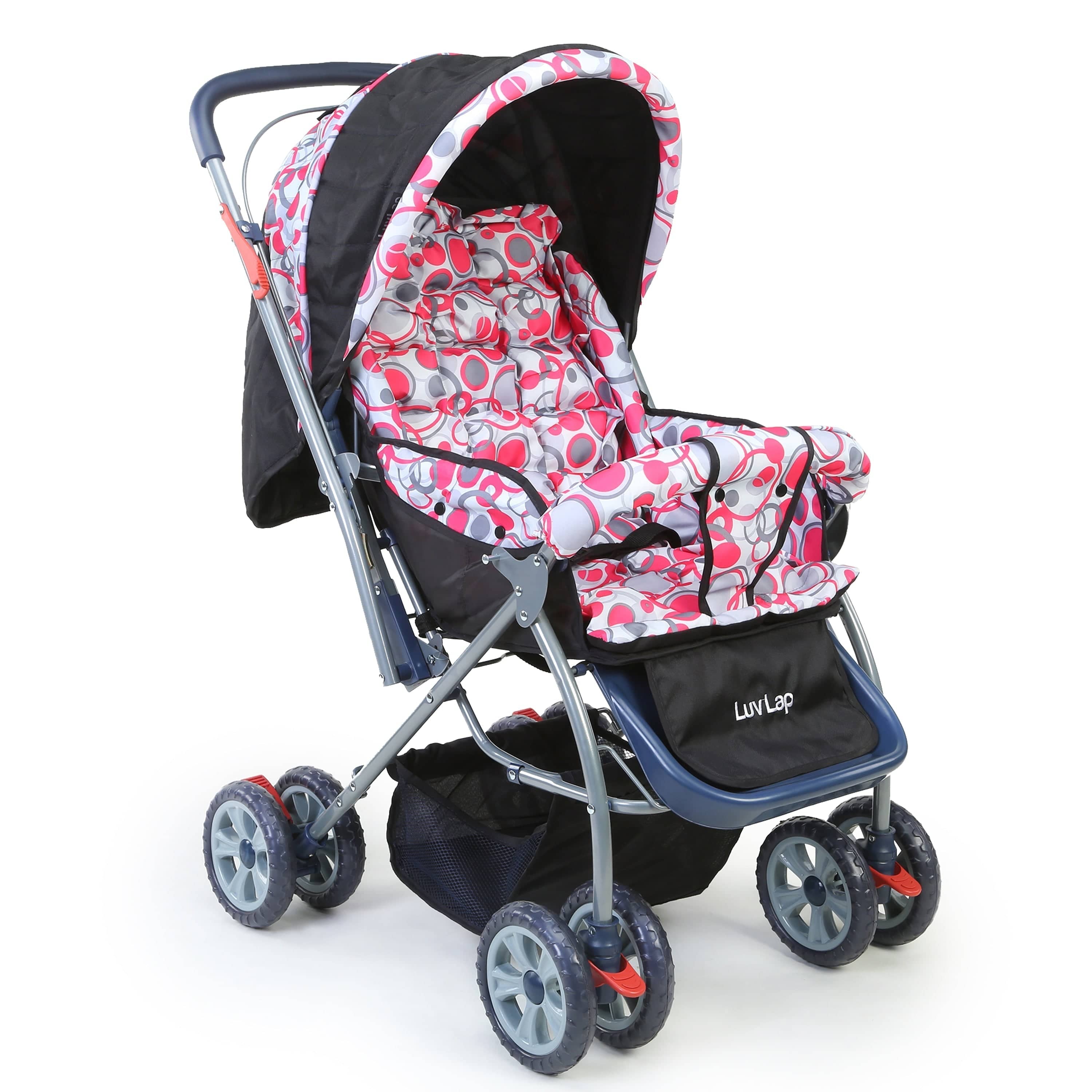 luvlap Starshine Baby Stroller / Pram for 0 to 3 Years, New Born / Toddler / Kid, Lightweight, Adjustable backrest, 360° Swivel Wheel, Large storage basket, Reversible Handlebar (Light Red)