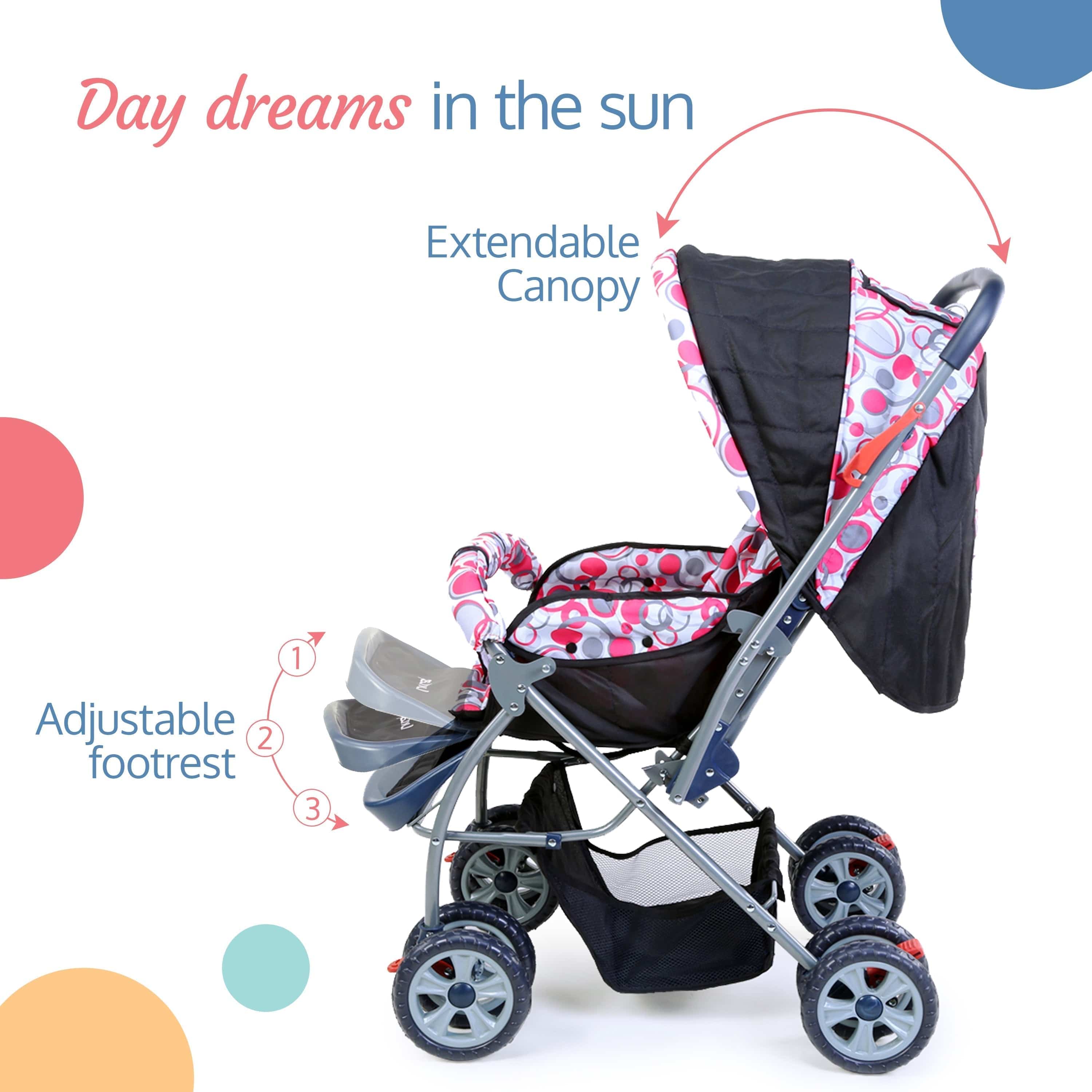 luvlap Starshine Baby Stroller / Pram for 0 to 3 Years, New Born / Toddler / Kid, Lightweight, Adjustable backrest, 360° Swivel Wheel, Large storage basket, Reversible Handlebar (Light Red)