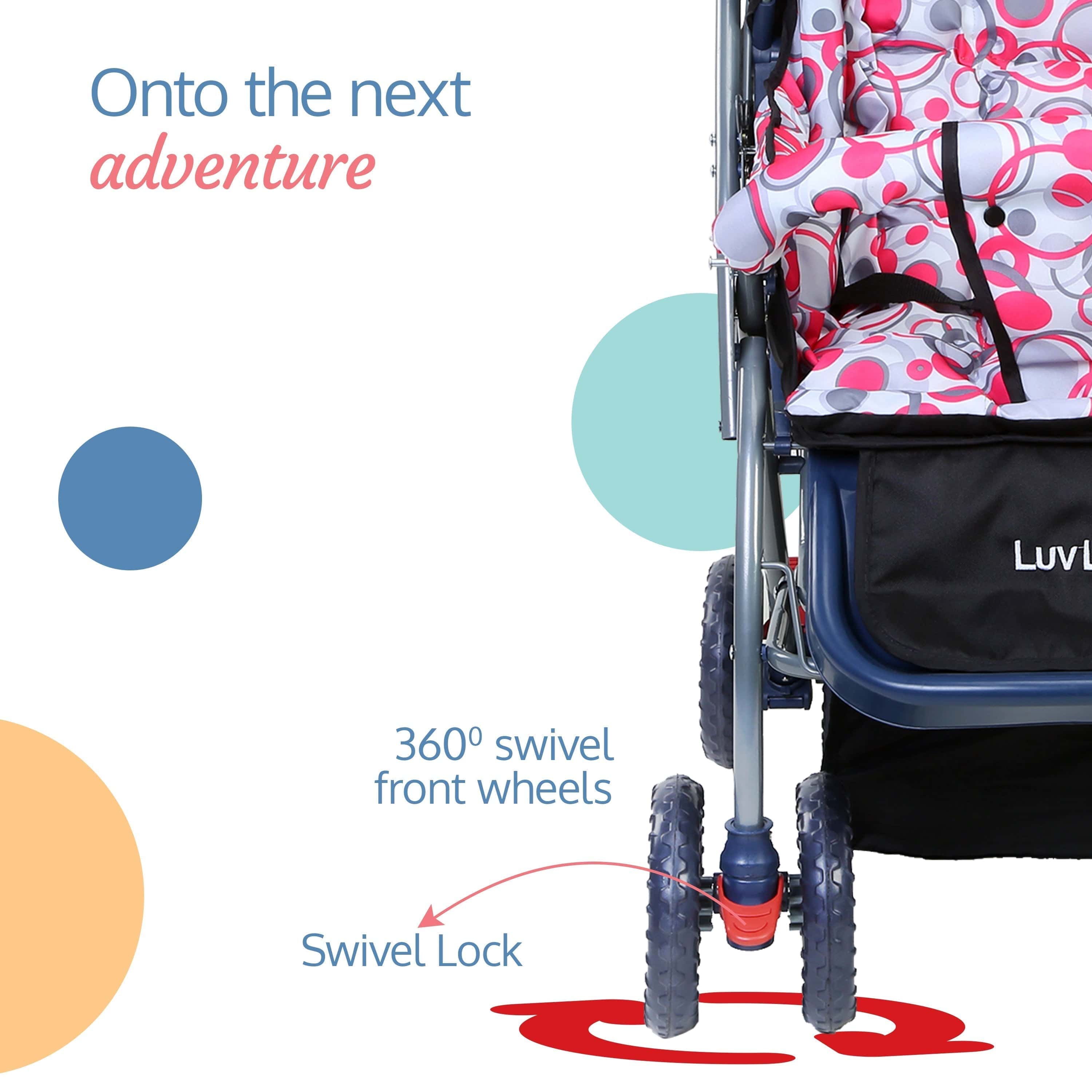 luvlap Starshine Baby Stroller / Pram for 0 to 3 Years, New Born / Toddler / Kid, Lightweight, Adjustable backrest, 360° Swivel Wheel, Large storage basket, Reversible Handlebar (Light Red)