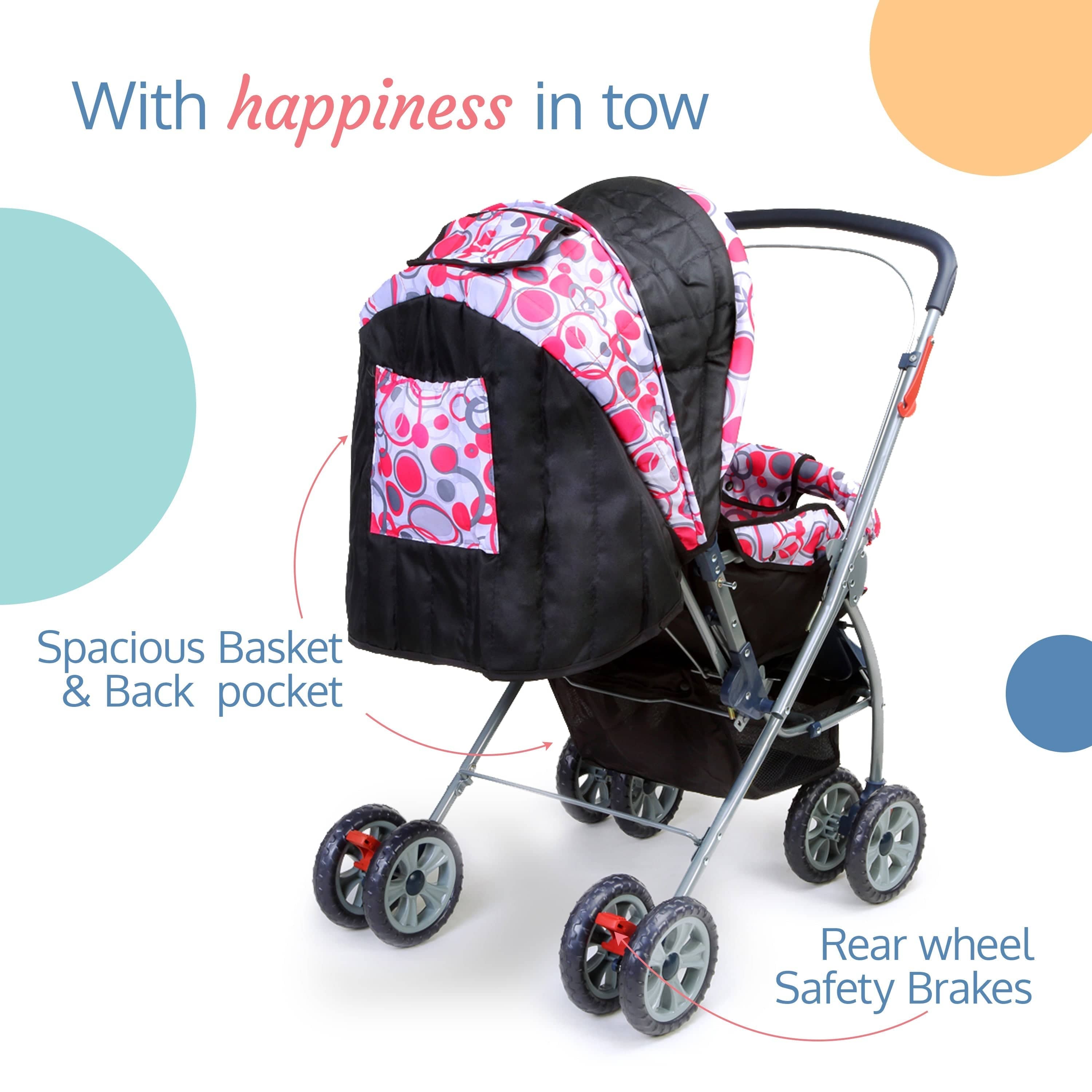 luvlap Starshine Baby Stroller / Pram for 0 to 3 Years, New Born / Toddler / Kid, Lightweight, Adjustable backrest, 360° Swivel Wheel, Large storage basket, Reversible Handlebar (Light Red)