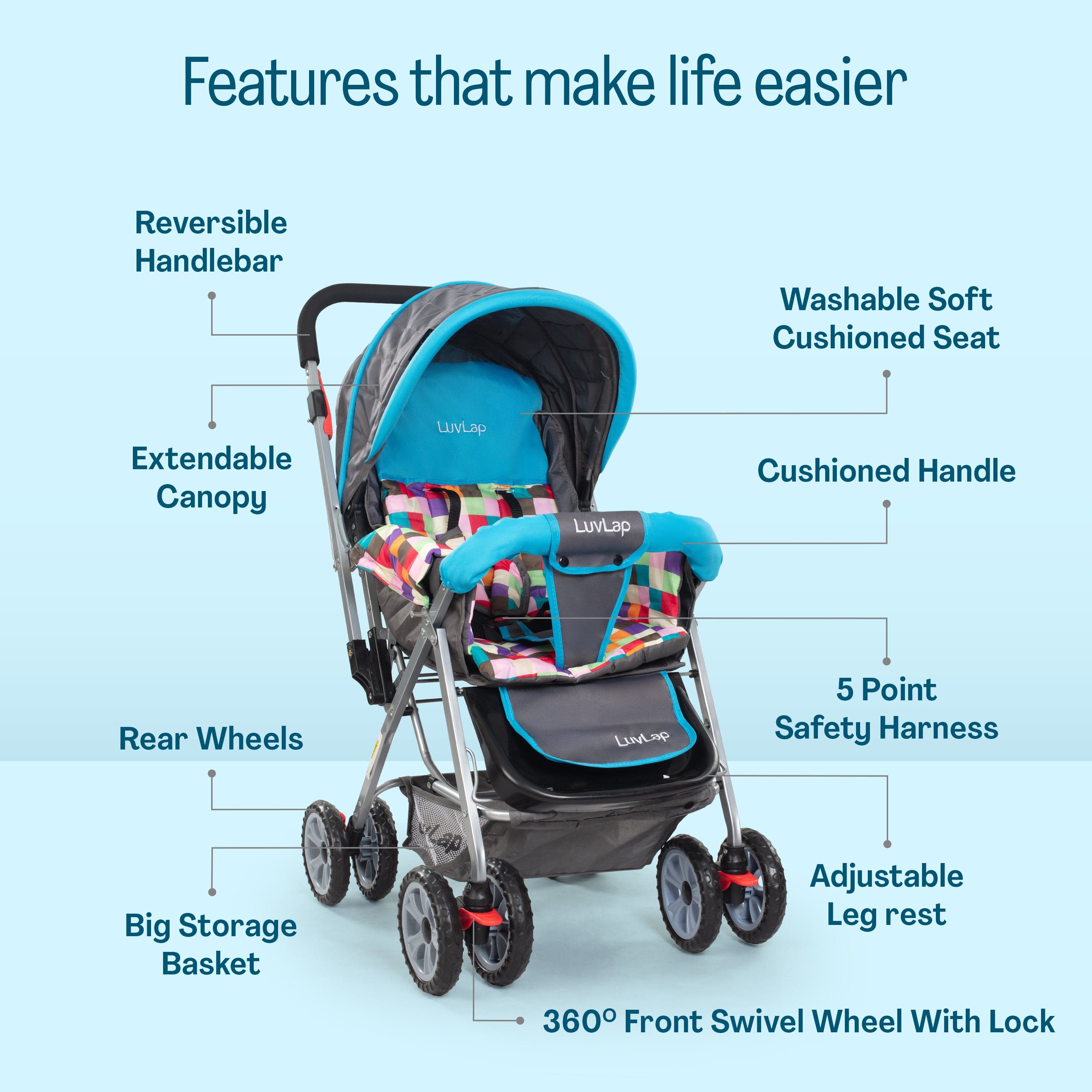 luvlap Sunshine Stroller/Pram, Easy Fold, for Newborn Baby/Kids, 0-3 Years (Teal)