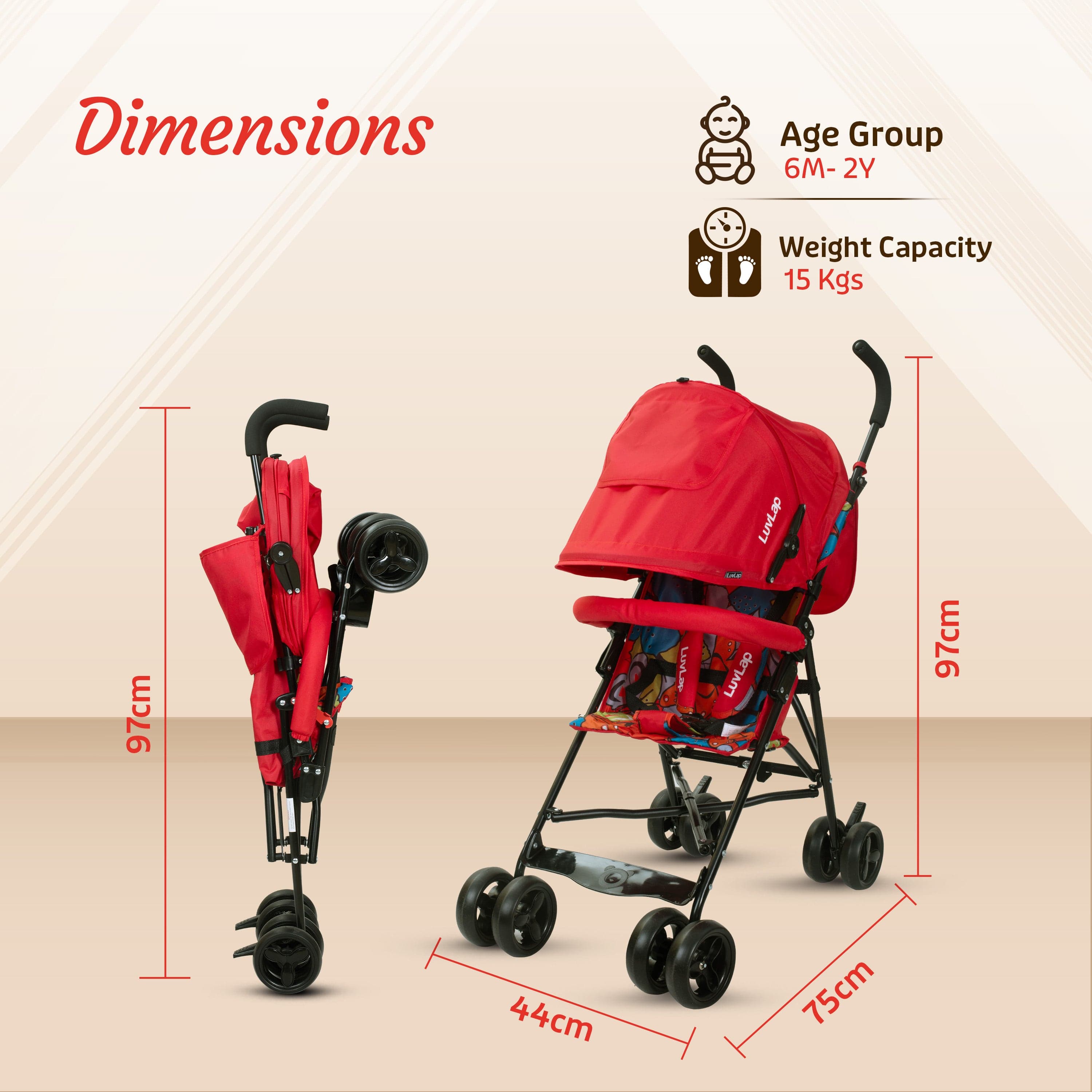 luvlap Tutti Frutti Baby Stroller Buggy, Red