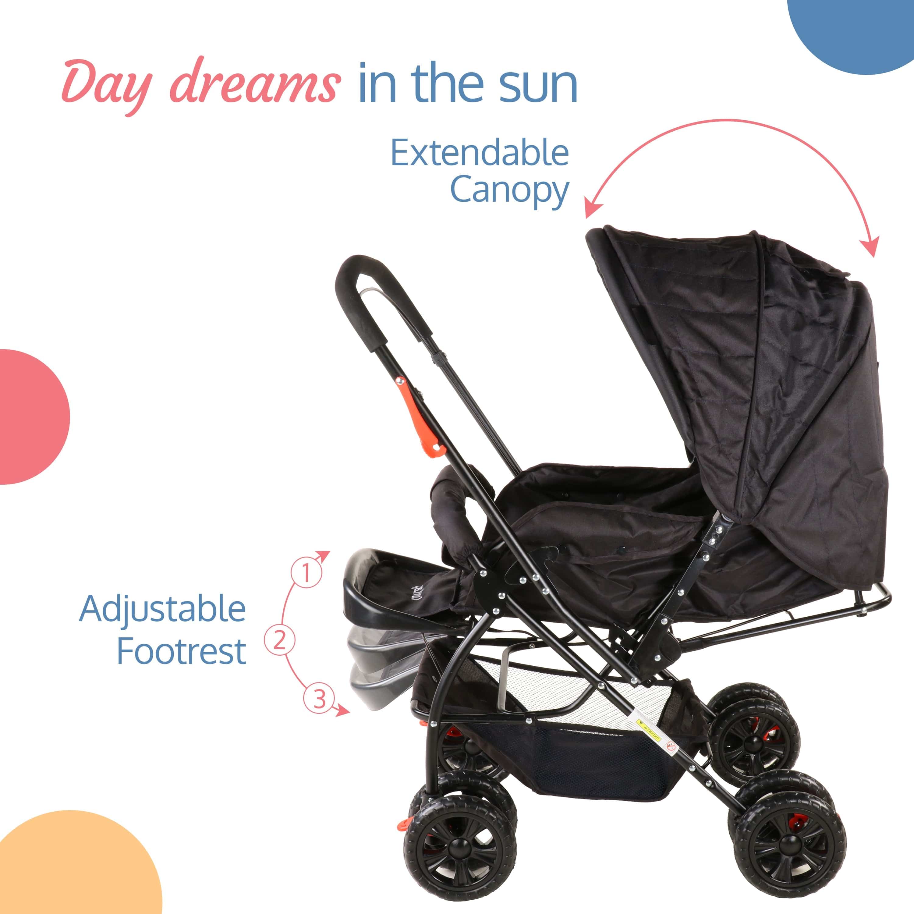 luvlap Starshine Baby Stroller/Pram for 0 to 3 Years, New Born/Toddler/Kid, Lightweight, Adjustable backrest, 360° Swivel Wheel, Large Storage Basket, Reversible Handlebar (Black)