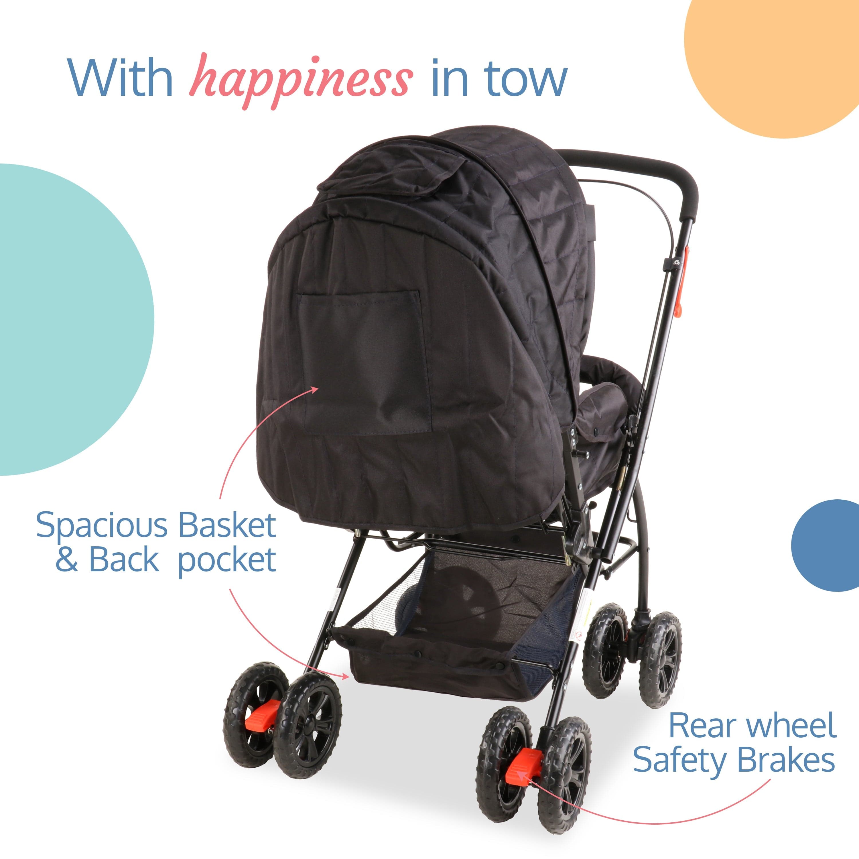 luvlap Starshine Baby Stroller/Pram for 0 to 3 Years, New Born/Toddler/Kid, Lightweight, Adjustable backrest, 360° Swivel Wheel, Large Storage Basket, Reversible Handlebar (Black)